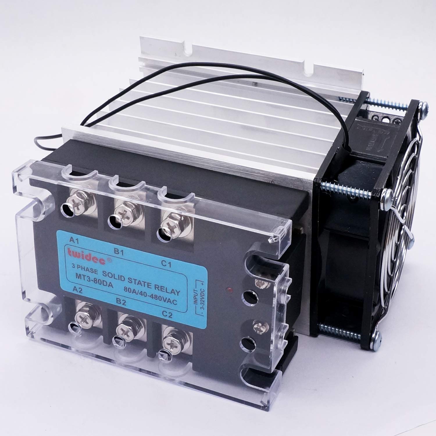 Twidec Relè a stato solido a 3 fasi 80DA SSR relè da CC a AC 40A 3-32VDC a 40-480V AC Relè + dissipatore di calore in alluminio + ventilatore elettrico MT3-80DA-SF