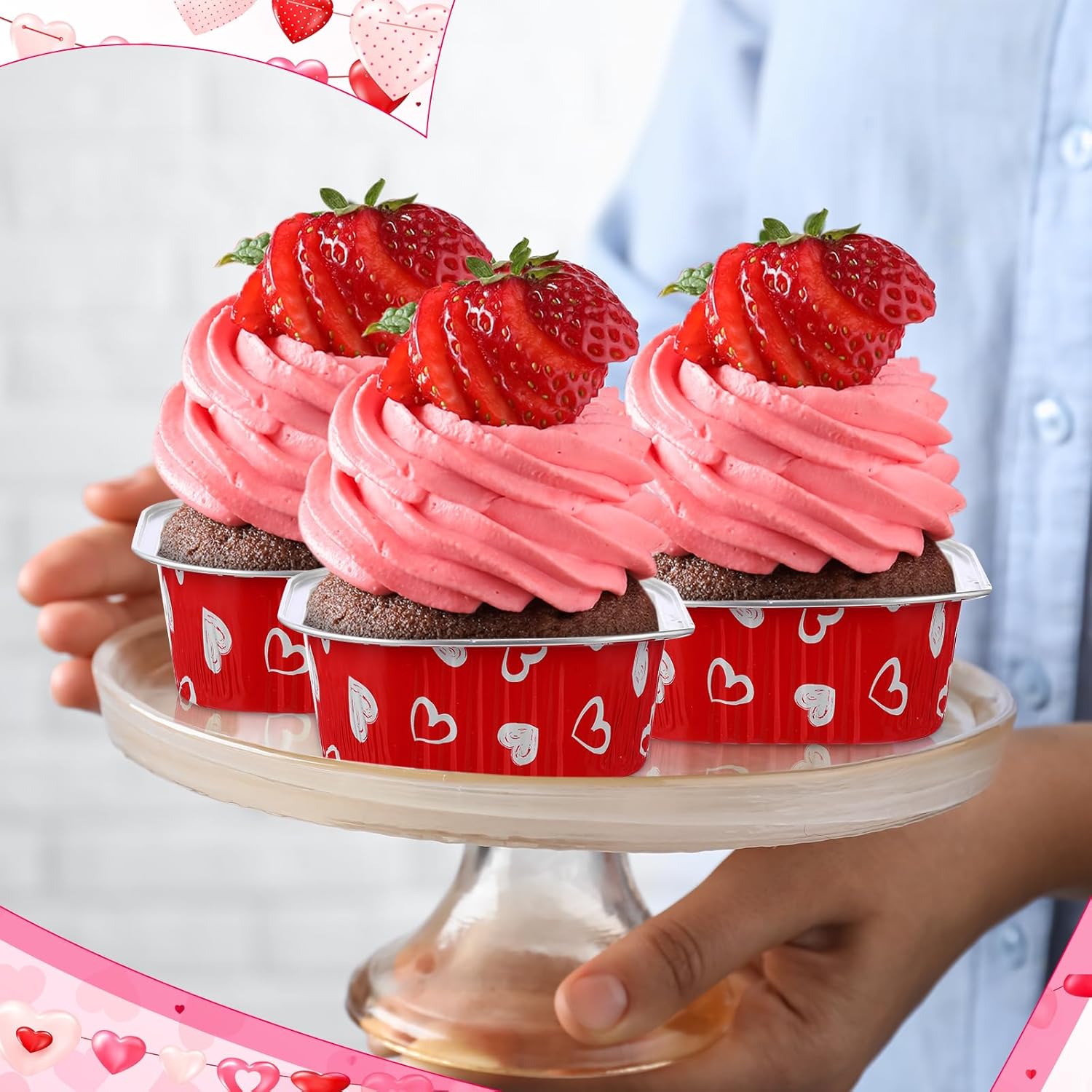 100 Pcs Mother's Day Square Baking Pans with Lids 10oz Aluminum Foil Cupcake Brownie Disposable Baking Cups Individual Tin Dessert Containers(Heart,Red)