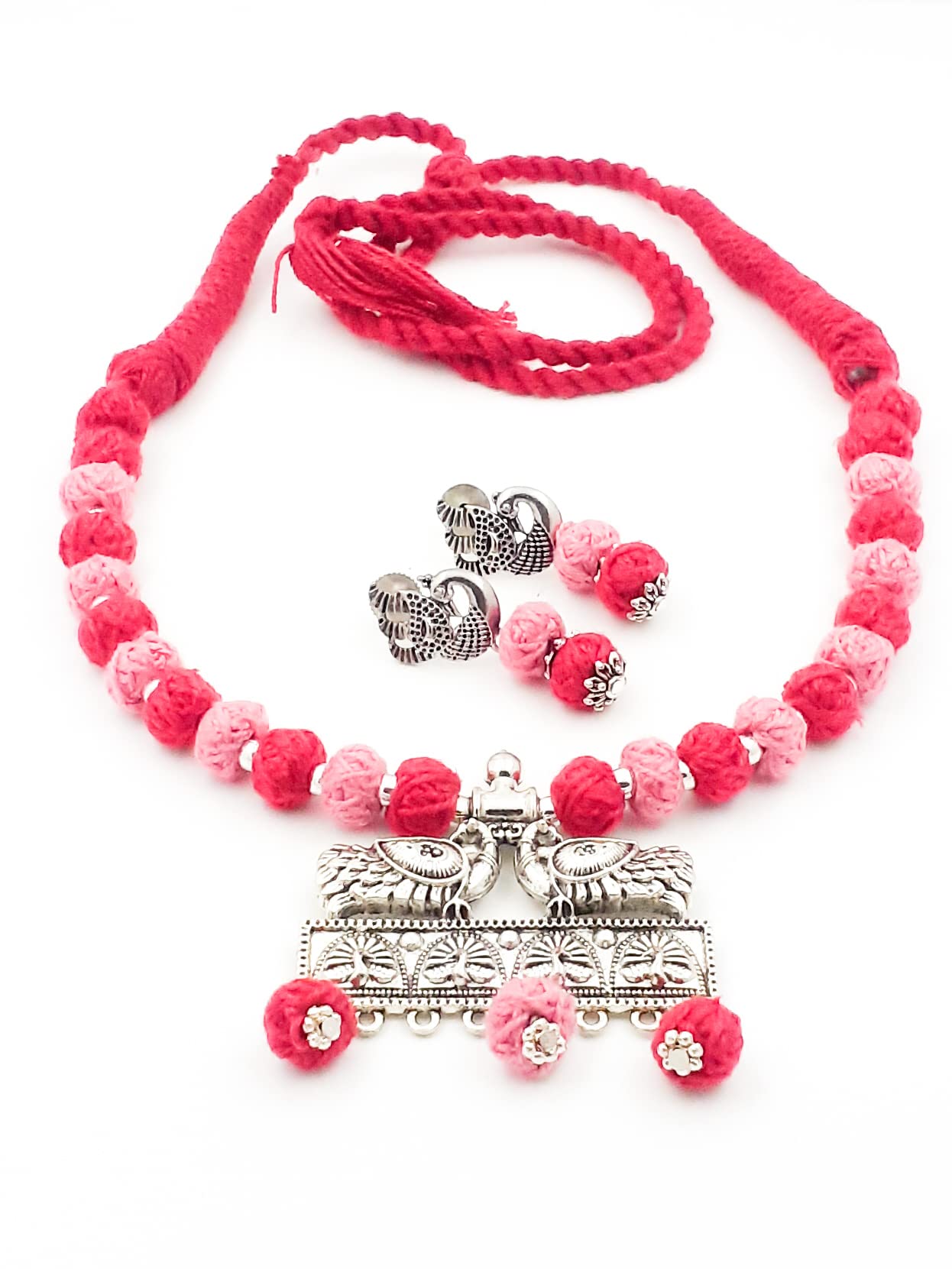 SreeveeHANDMADE Pink Thread Bead WIth Oxidized Silver Alloy Pendant Jewellery Set For Women & Girls