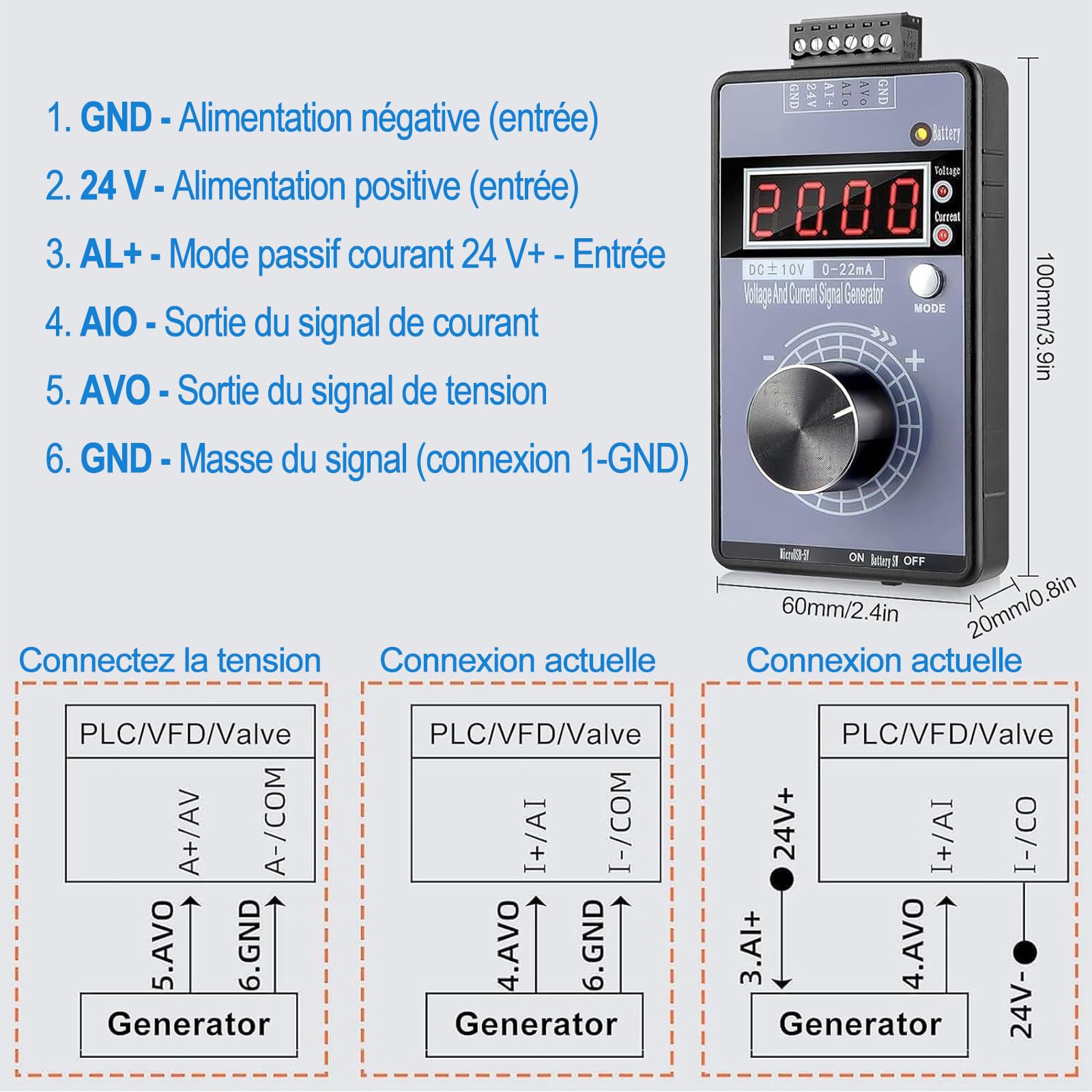 Générateur De Signal Portable, 4-20mA Générateur De Signal De Courant De Tension, 0-10V/0-22mA Ajustable Simulateur De Tension Actuelle Rechargeable Calibrateur De Source De Signal Analogique