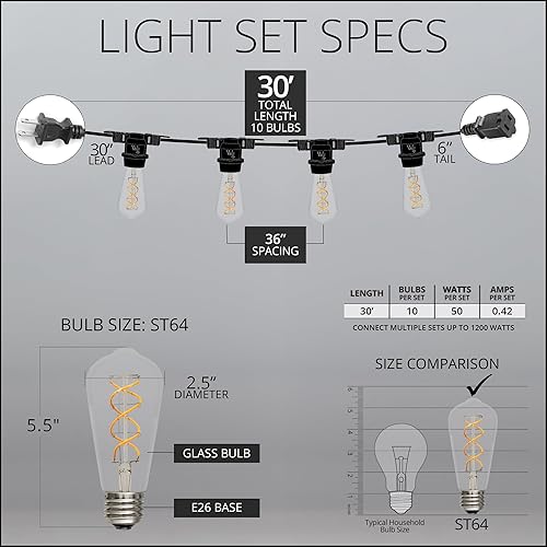 Miniatura 5 de FlexFilament LED ST64 Edison de 30 pies para patio, 10 filamento LED de 5 W, bombillas con clasificación UL, cable comercial, 3 pies de espacio para