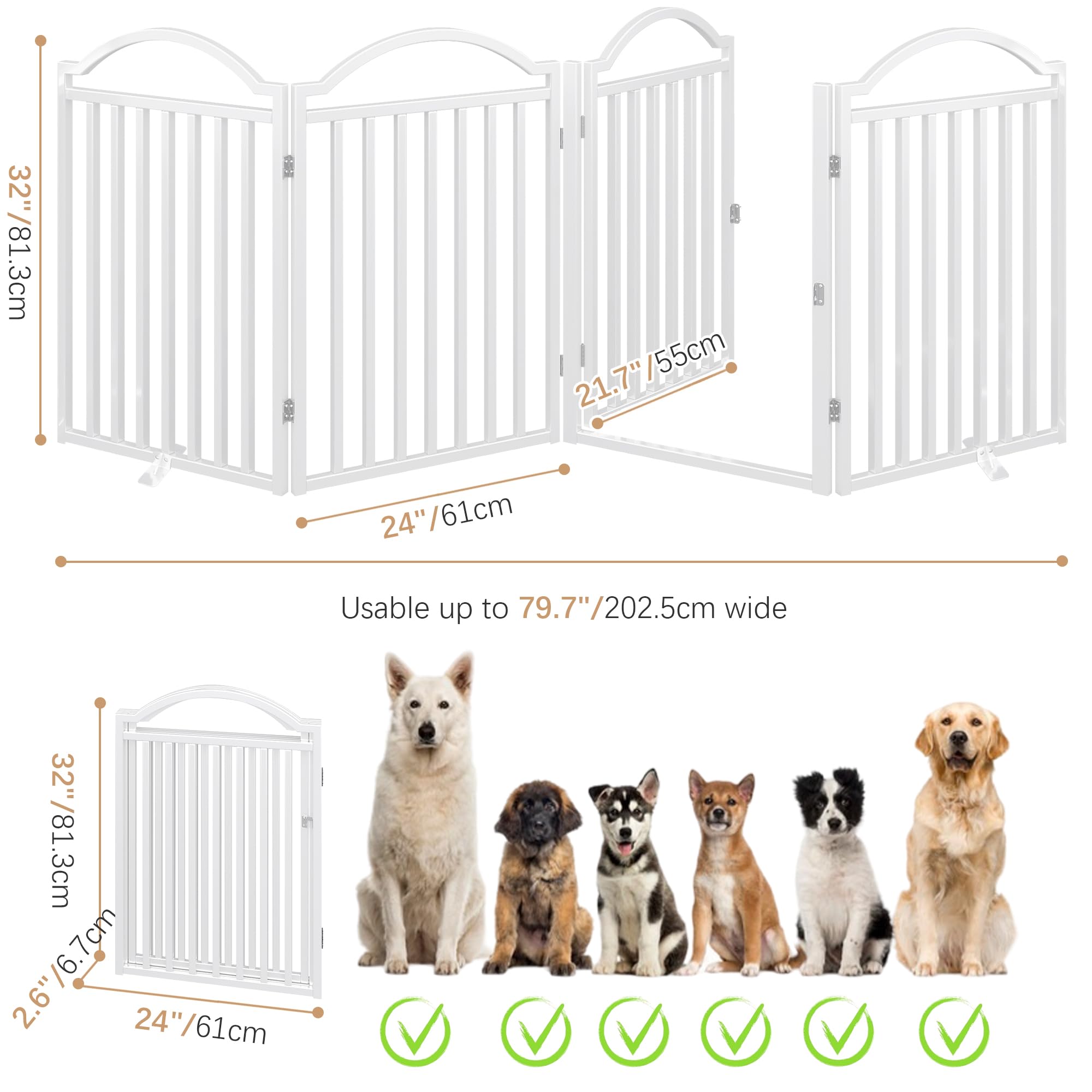 BHG Freistehendes Hundegitter aus Metall, ohne Montage, mit Tür, extra breit, 243,8 cm, extra hoch, 81,3 cm, Akkordeon-Welpen-Laufstall, Hundezaun für drinnen und draußen, mit 2 Stützen, Weiß