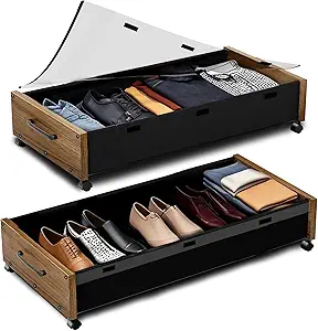 Under Bed Storage Containers with Wheels, Extra Large Wooden Underbed Shoes Organizer 2 Packs, Rolling Under the Bed Storage Drawers with Clear Lid, Heavy Duty Metal Frame for Clothes 36"L (Walnut)