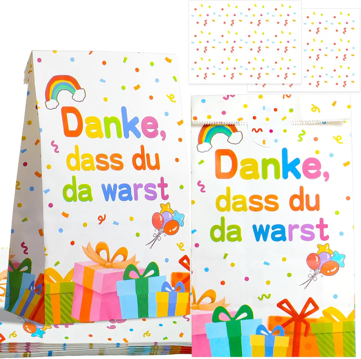 16 Stück Geschenktüten Kindergeburtstag, Mitgebsel Tüten mit 24 Aufklebern, Papier Geburtstagstüten Kinder 9.45" x 5.12" x 3.15", Geschenktüten Klein für Mitgebsel Kindergeburtstag, Hochzeit, Party