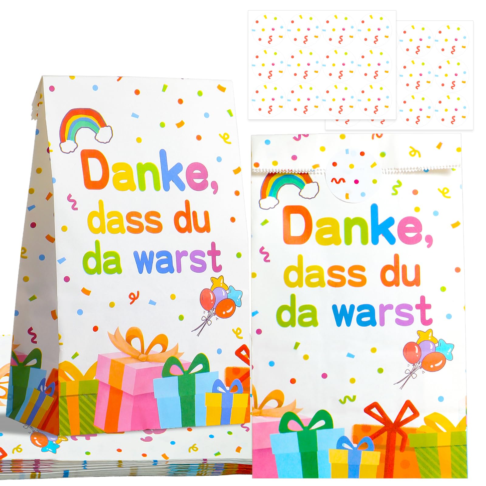 16 Stück Geschenktüten Kindergeburtstag, Mitgebsel Tüten mit 24 Aufklebern, Papier Geburtstagstüten Kinder 24 x 13 x 8cm, Geschenktüten Klein für Mitgebsel Kindergeburtstag, Hochzeit, Party