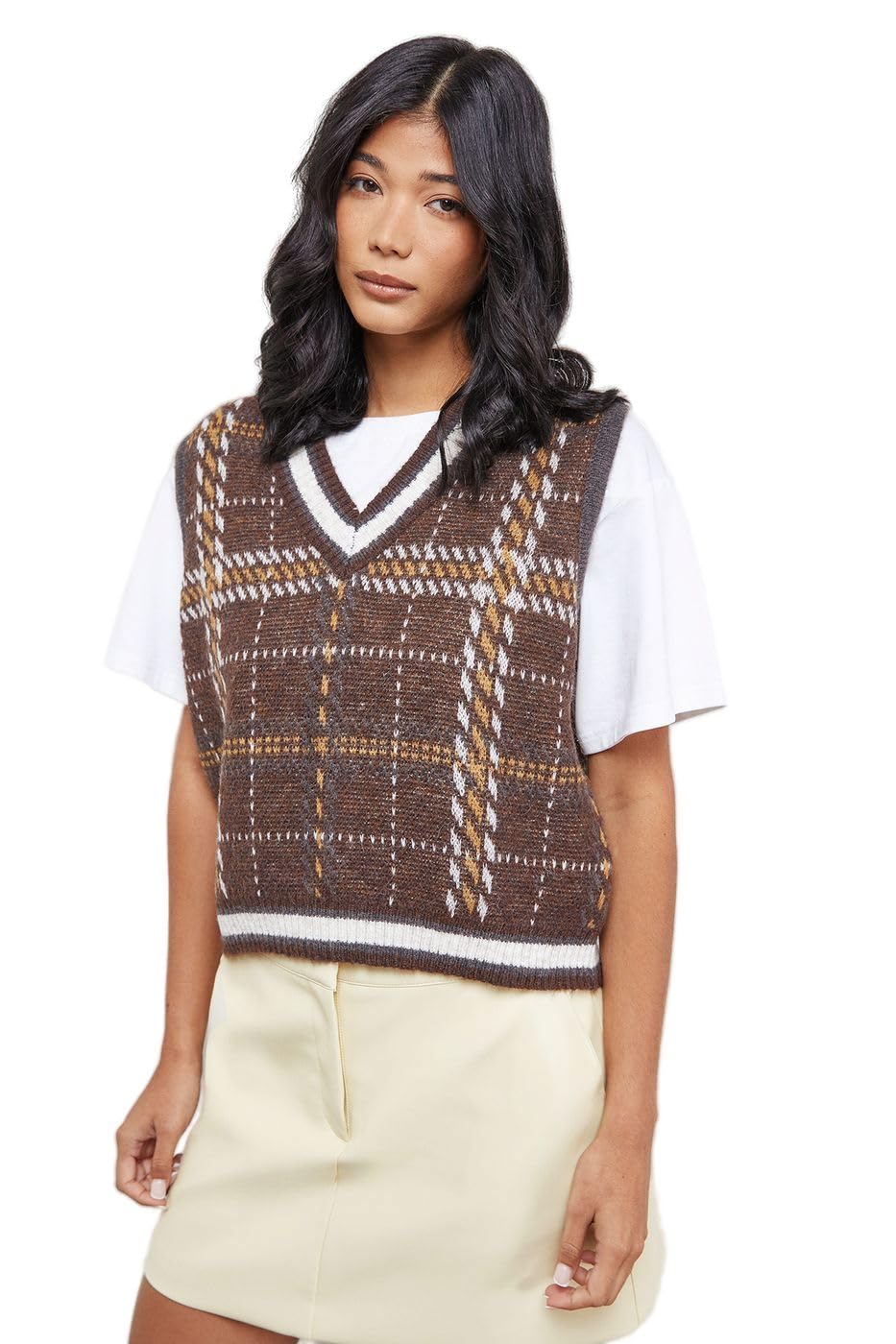 Warehouse Women's Brown Check Mini Tank, S,