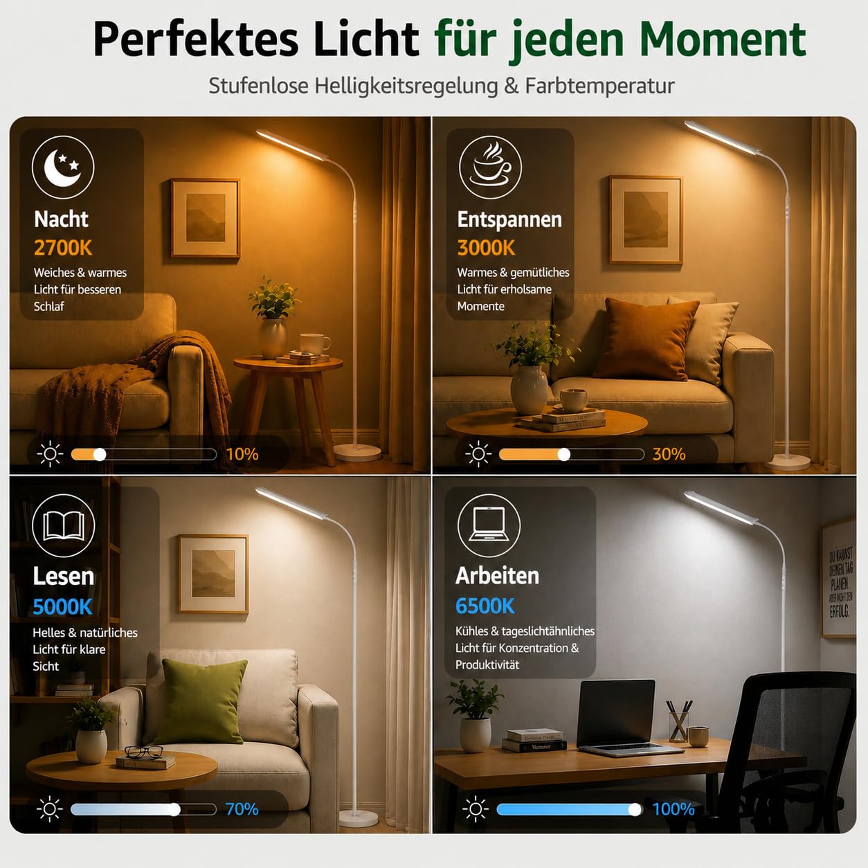 Torkase LED Stehlampe Wohnzimmer, 18W 1800LM Dimmbare Stehleuchte mit Magnetischer Fernbedienung, 360° Flexibler Schwanenhals Leselampe Schlafzimmer, 2700K-6500K Modern Weiß