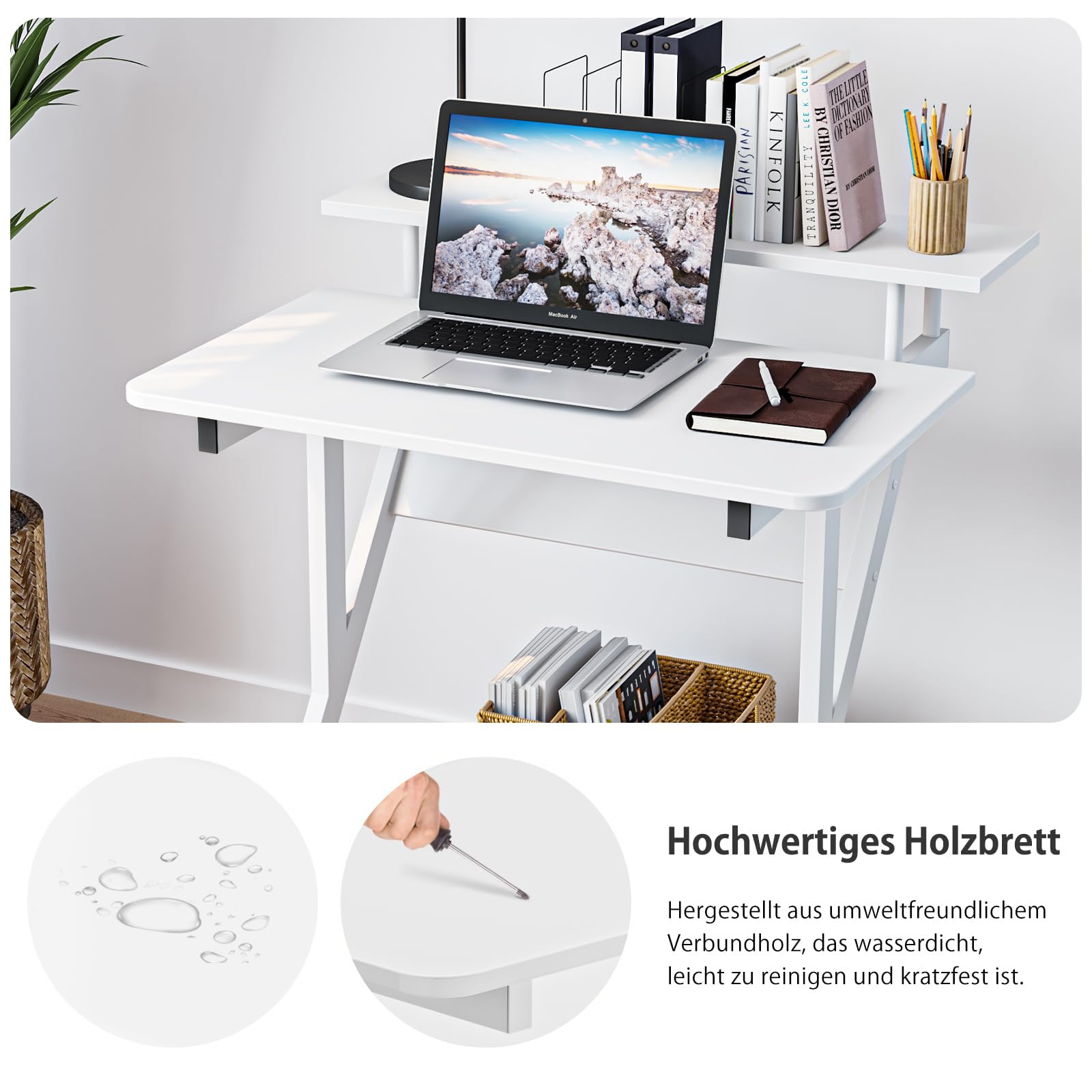 Dripex Computertisch mit Rollen Z-förmiger Schreibtisch, Mobiler Laptoptisch mit Regalen für kleine Räume, Home Office 70x60x73CM Weiß