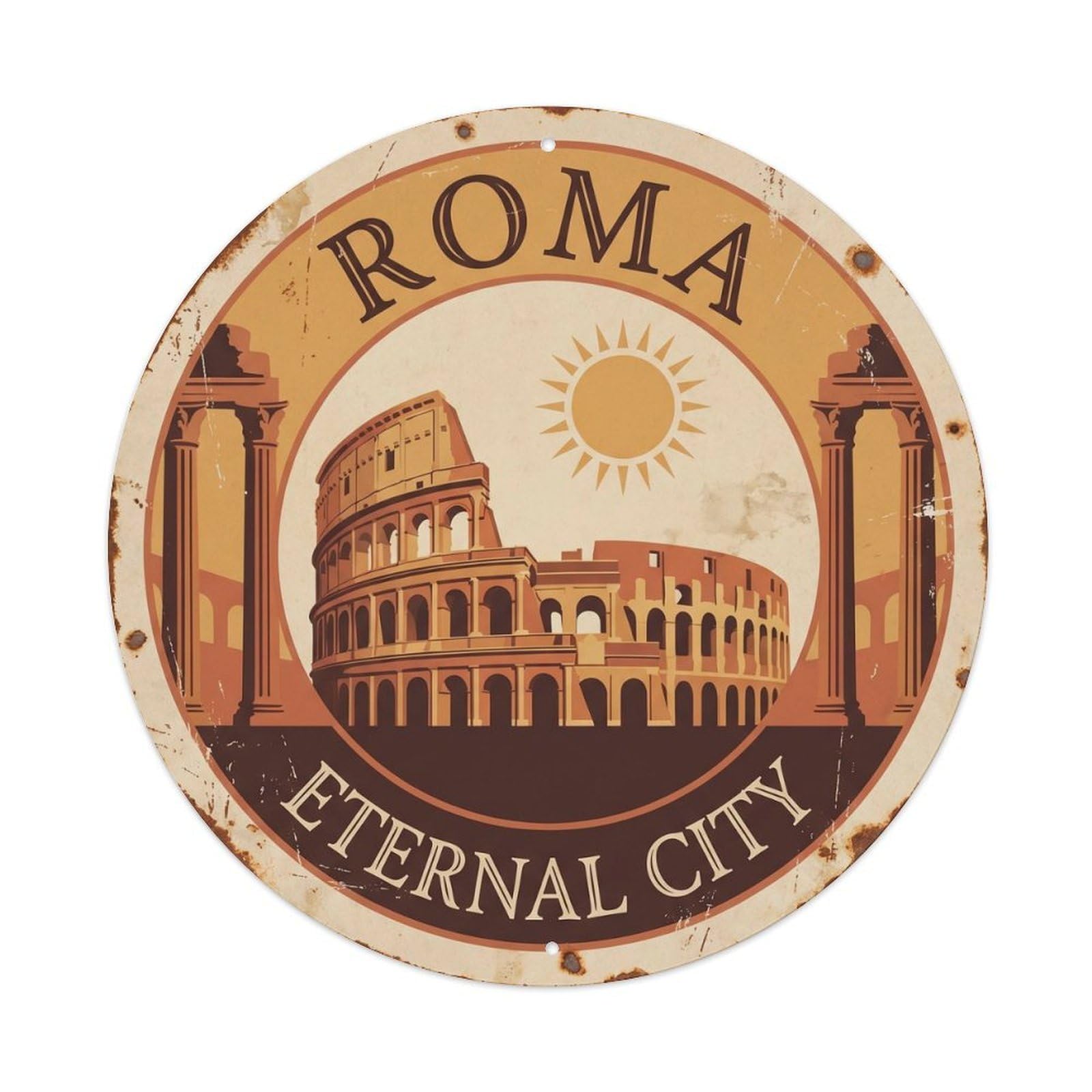 Vintage Travel Colosseum Rome Journey Metal Tin Sign Plaque Wall Decor for Cafe, Club, Garden Round Metal Poster 8x8Inch
