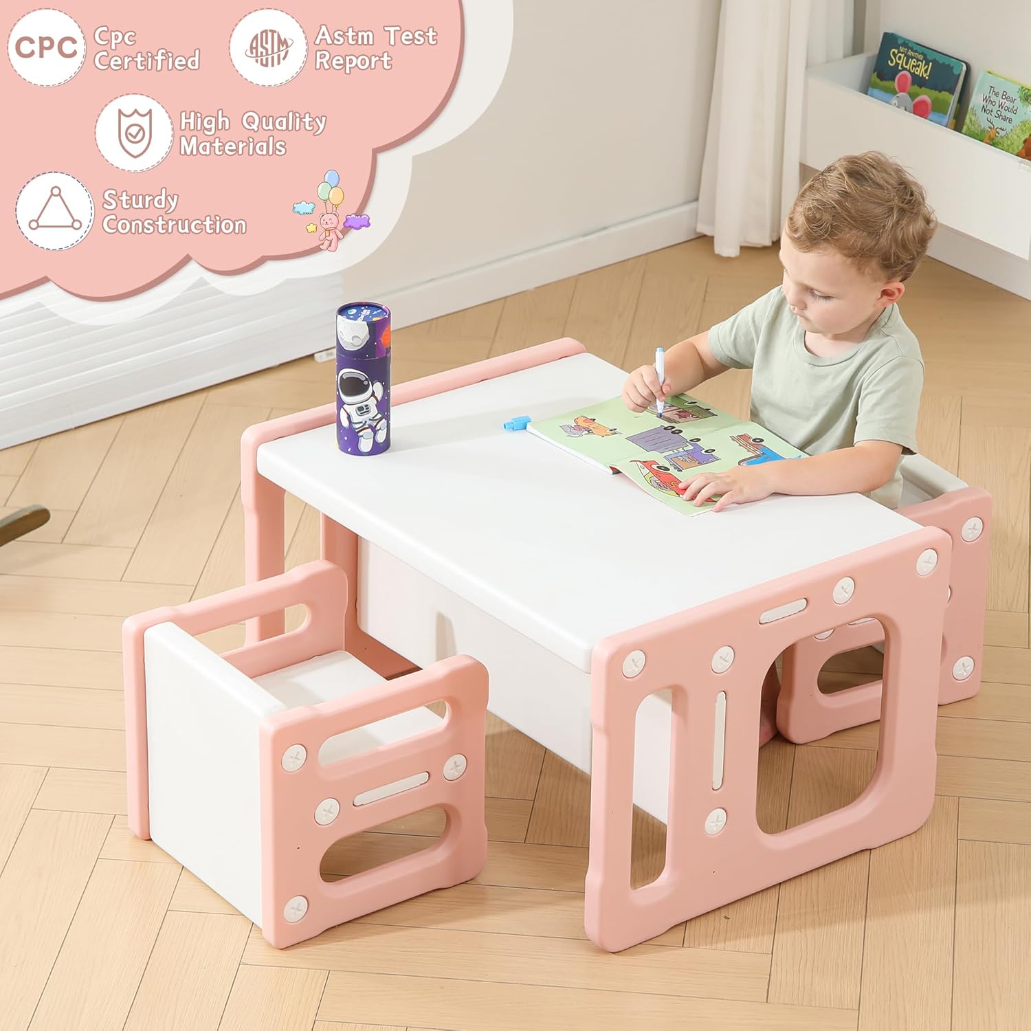 Montessori Table and Chair Set, Kids Table and Chairs, Height-Adjustable Toddler Table and Chair Set, Table Chair for Ages 3-8, Childrens Table for Daycare, Classroom