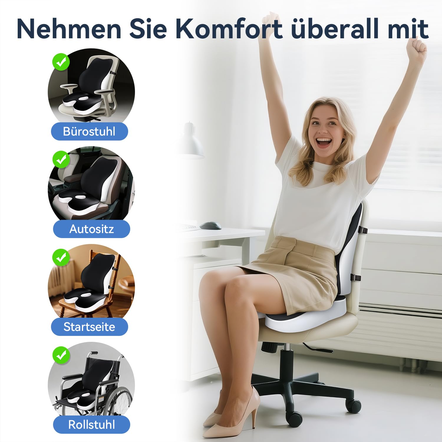 Travel Ease Memory-Schaum Sitzkissen & Lendenstützkissen-Set, Ergonomischer Komfort für Bürostuhl, Autositz, Zuhause & Reisen, Sitzpolster für Rücken und Gesäß, Schwarz