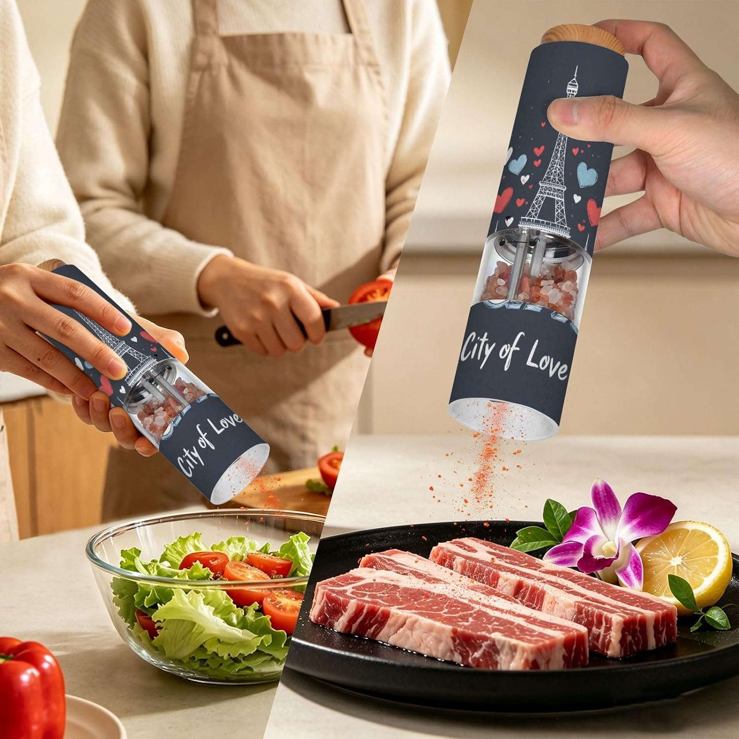 ALAZA Electric Pepper Grinder with Adjustable Coarseness, Paris Eiffe Battery Automatic Salt and Pepper Mill with Led, One-Handed Operation Spice Grinder for Kitchen, Camping & BBQ