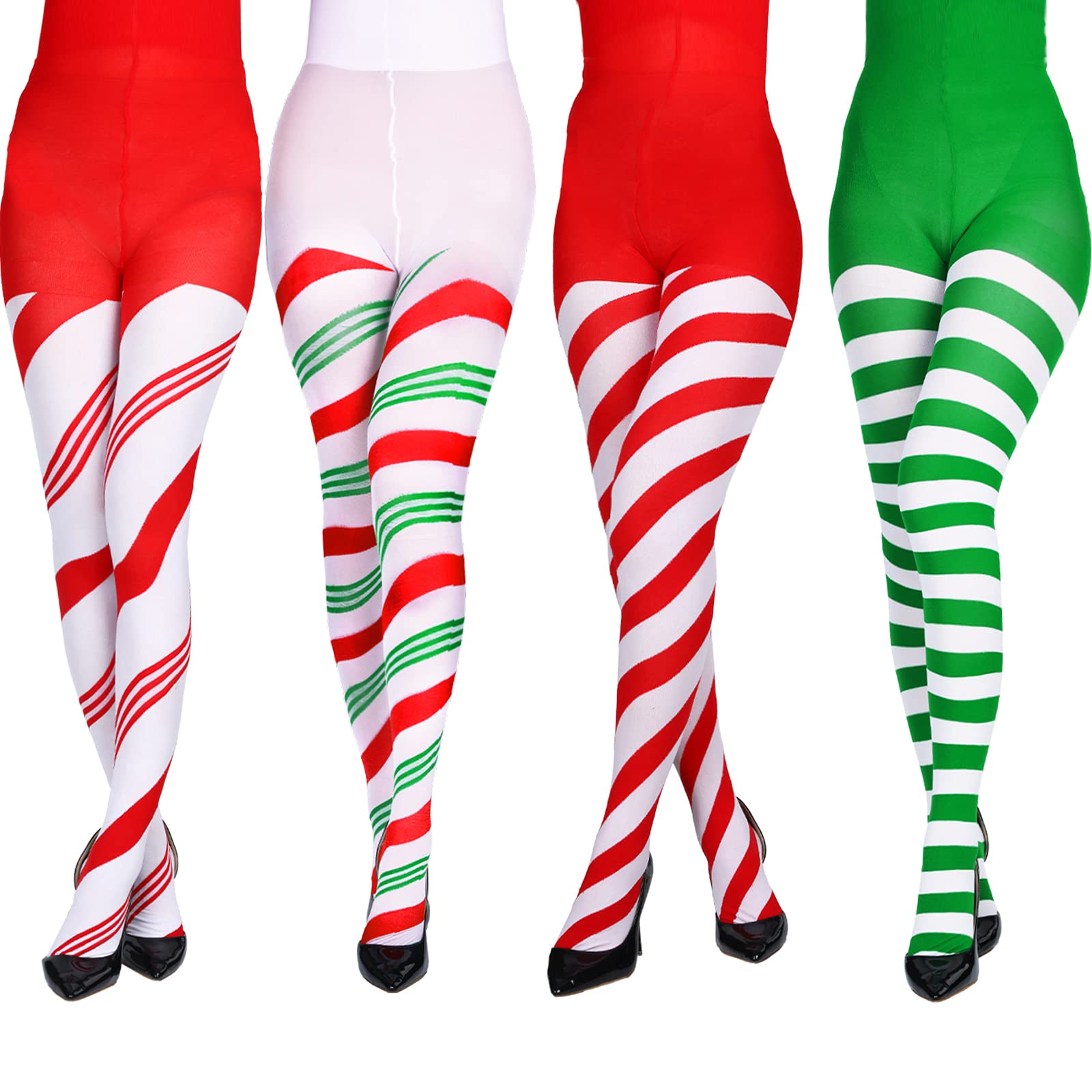 Geyoga 4 pcs Christmas Striped Tights Red Green High Stocking Full Length Stripe Stockings Spandex Tights(Novel Style)