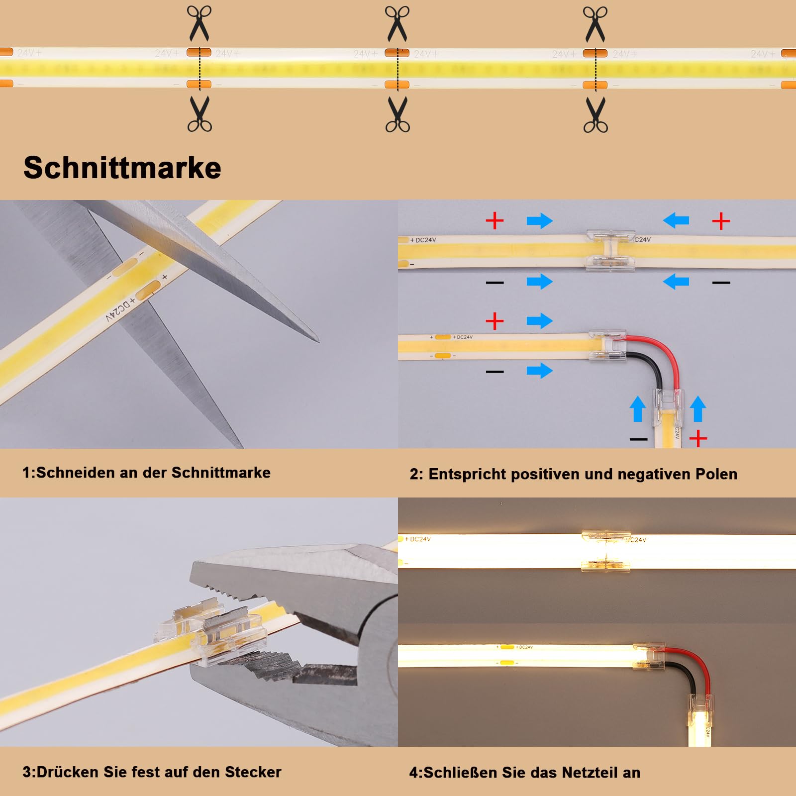 BENLUN 24V COB LED Streifen 20M (10M X 2) 3000K Warmweiß Wasserdicht Outdoor Selbstklebend CRI 93 mit Netzteil