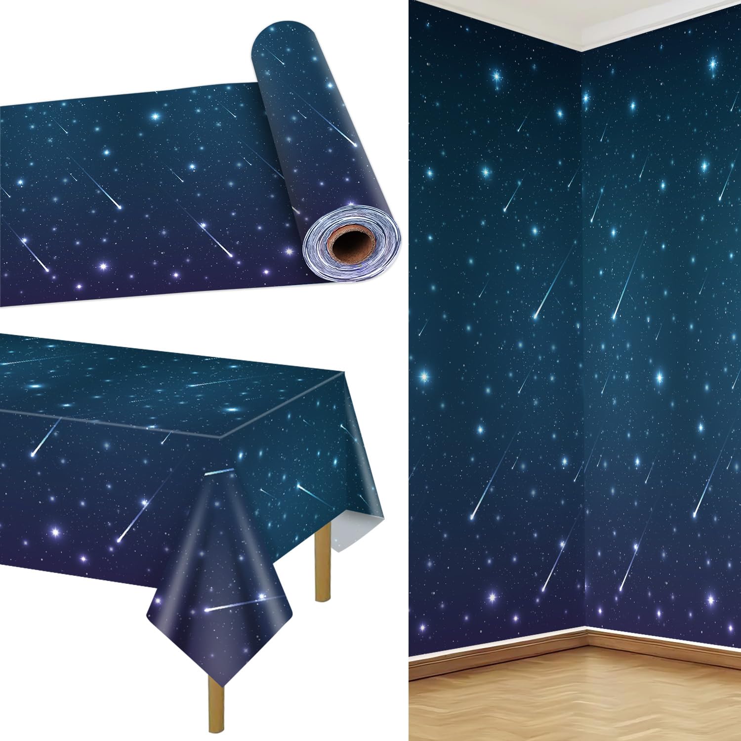 QUERICKY Space Tablecloth Roll 100 Ft Starry Night Table Cover Plastic Galaxy Backdrop Space Theme Party Decorations, Kids Birthday Outer Space Stars