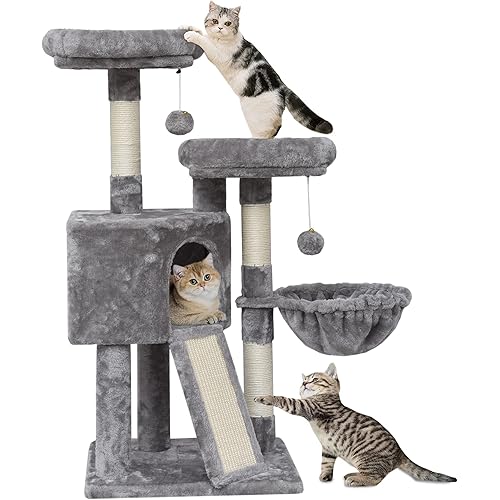 SYANDLVY Cat Tree, Cat Tower with Basket for Indoor Cats, Multi-Level Kittens Furniture Condo with Perchs and Scratching Board (Light Grey)