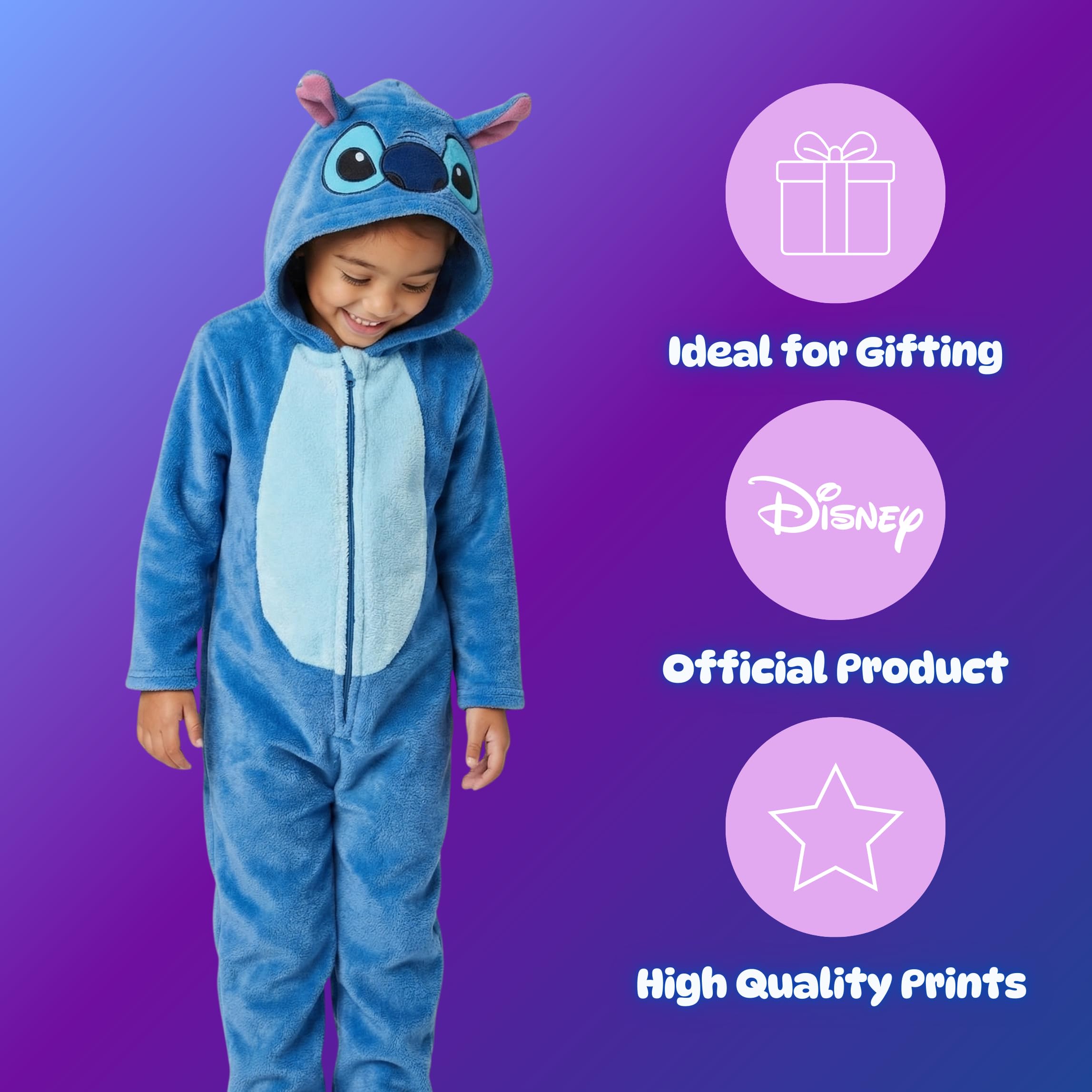 Disney Stitch Pyjamas pour Filles, Pyjama Une Pièce en Polaire Douce à Capuche 3D pour Enfants, Tailles 3 à 8 Ans