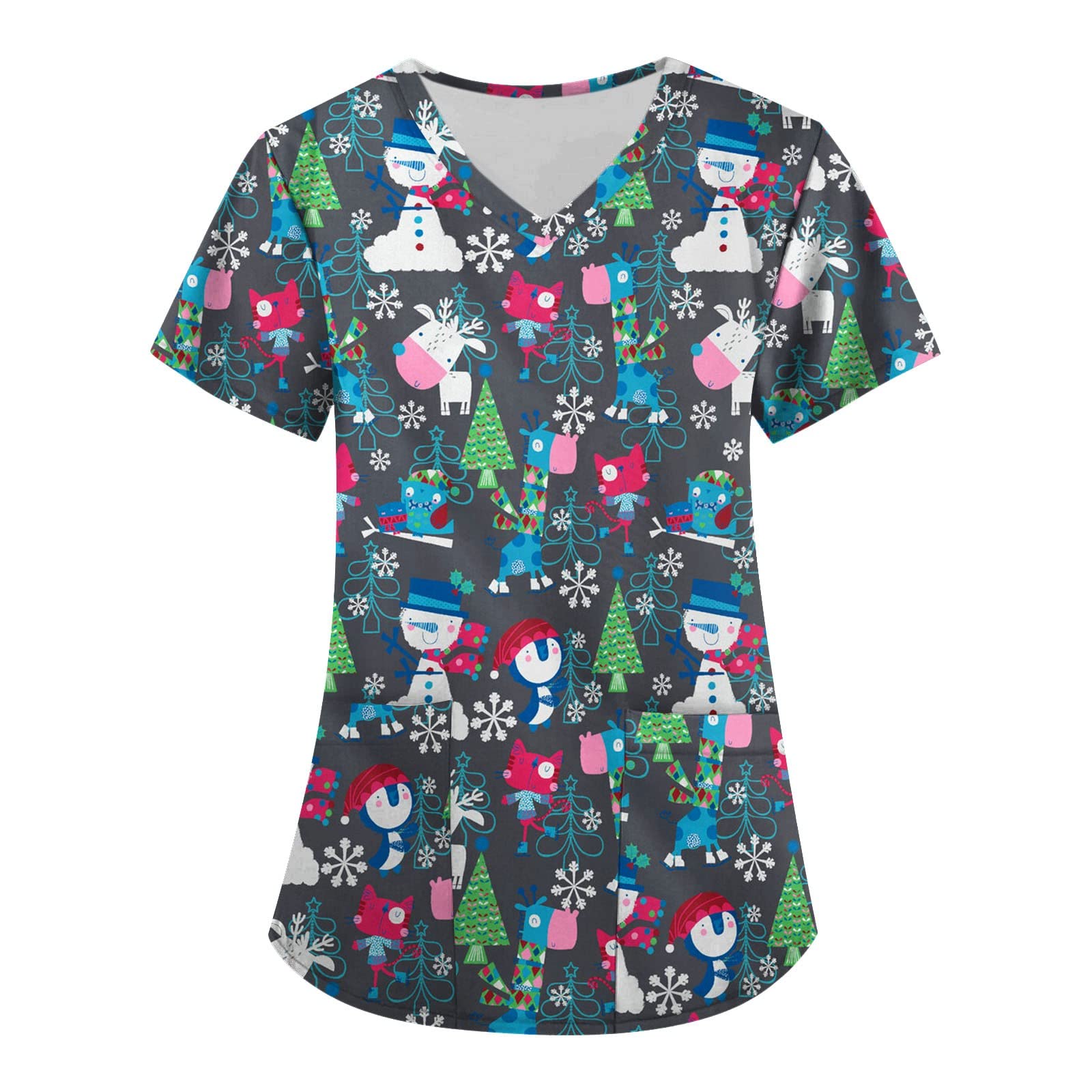 GenericChristmas Short Sleeve Scrub Womens Casual Soft Homewear A-Line Patter with Pockets Thin Comfy V Neck Tops Womens