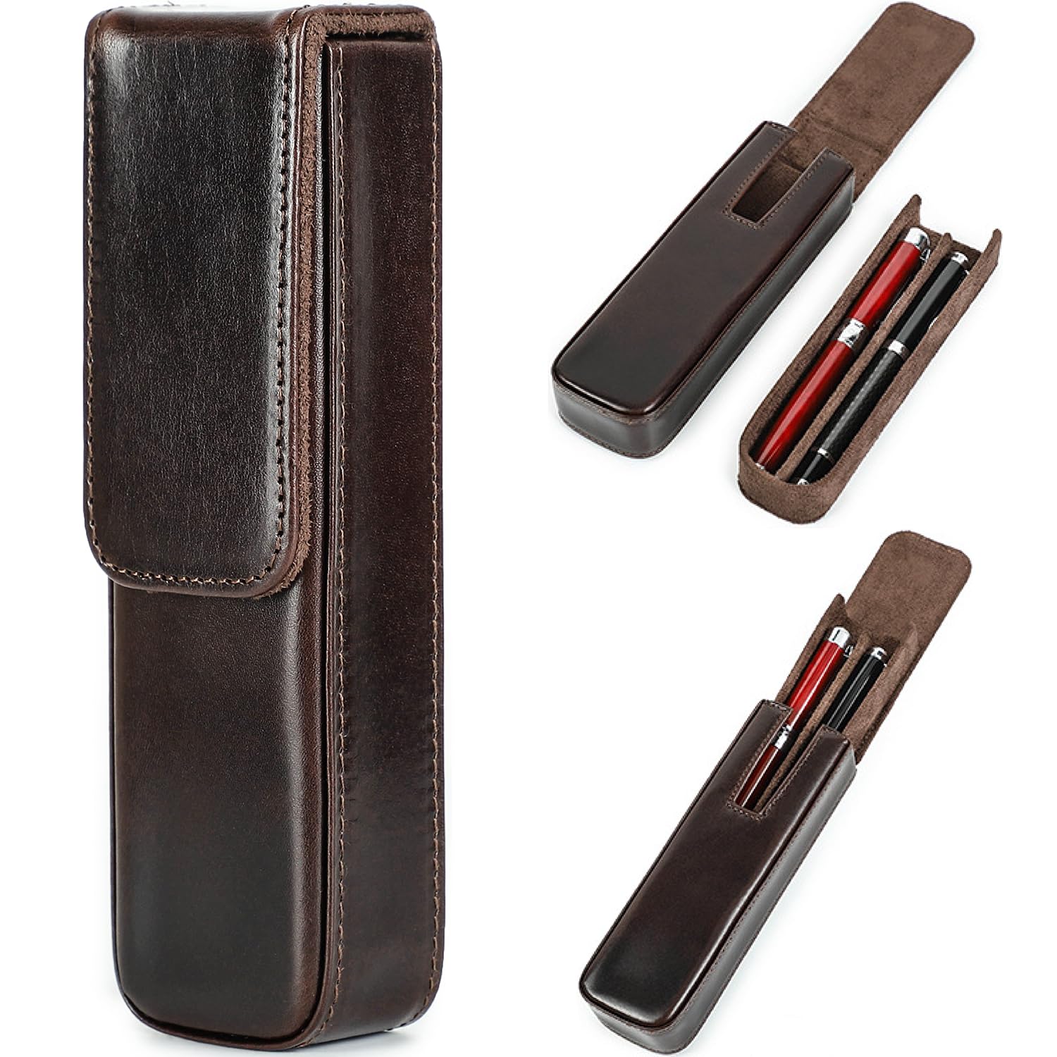 CataPurus Top Grain Genuine Leather 2 Pen/Pencil Tray Case Holder, Minimalist Fashion Design, Handmade, Magnetic Closing with Drawer Design, Gift