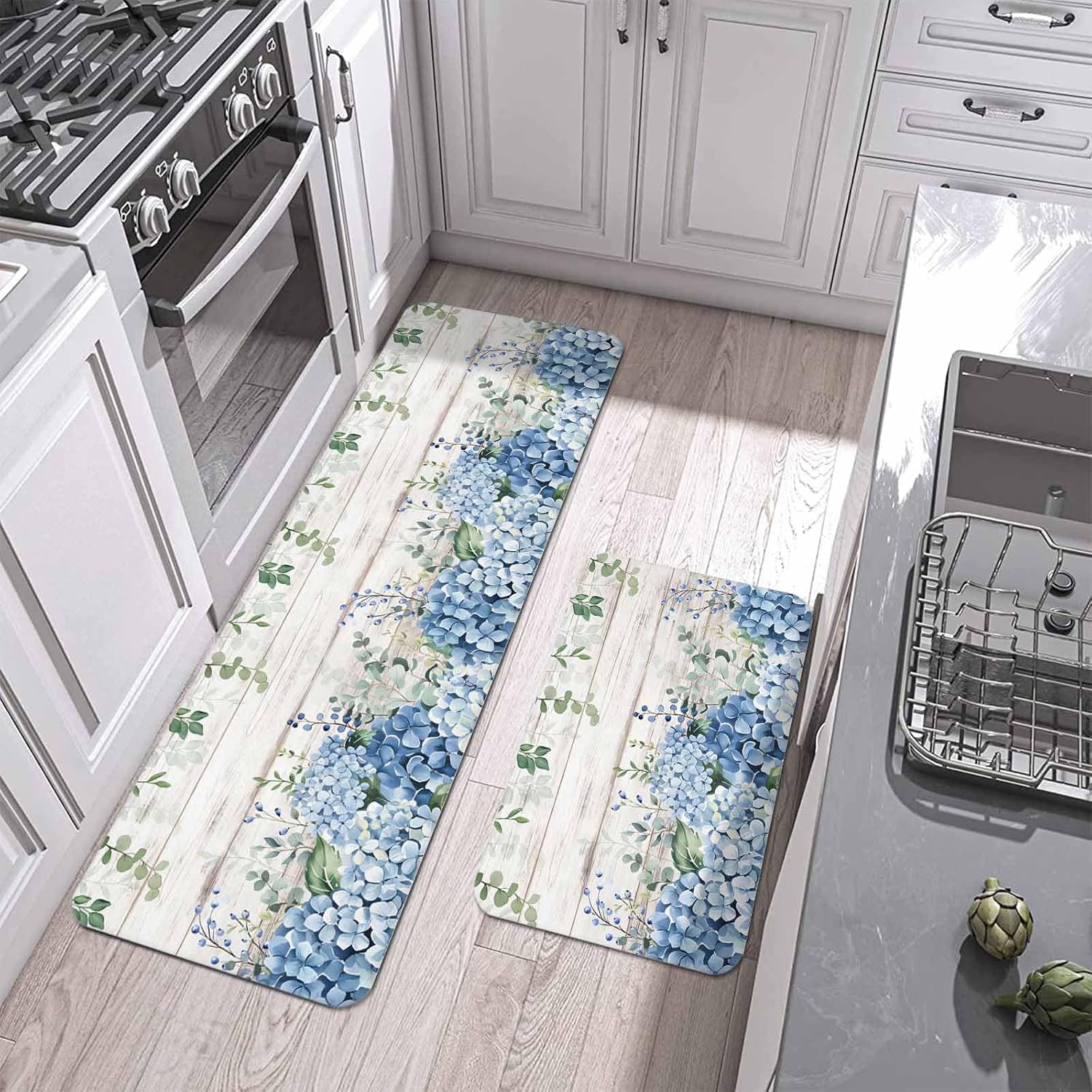 Blue Hydrangea Kitchen Mat Set 2 Pieces Watercolor Spring Blue Floral Eucalyptus Leaf White Wood Grain Non Slip Kitchen Rugs Washable Runner Rug Mats for Sink Laundry 19.7" x 31.5"+19.7" x 63"