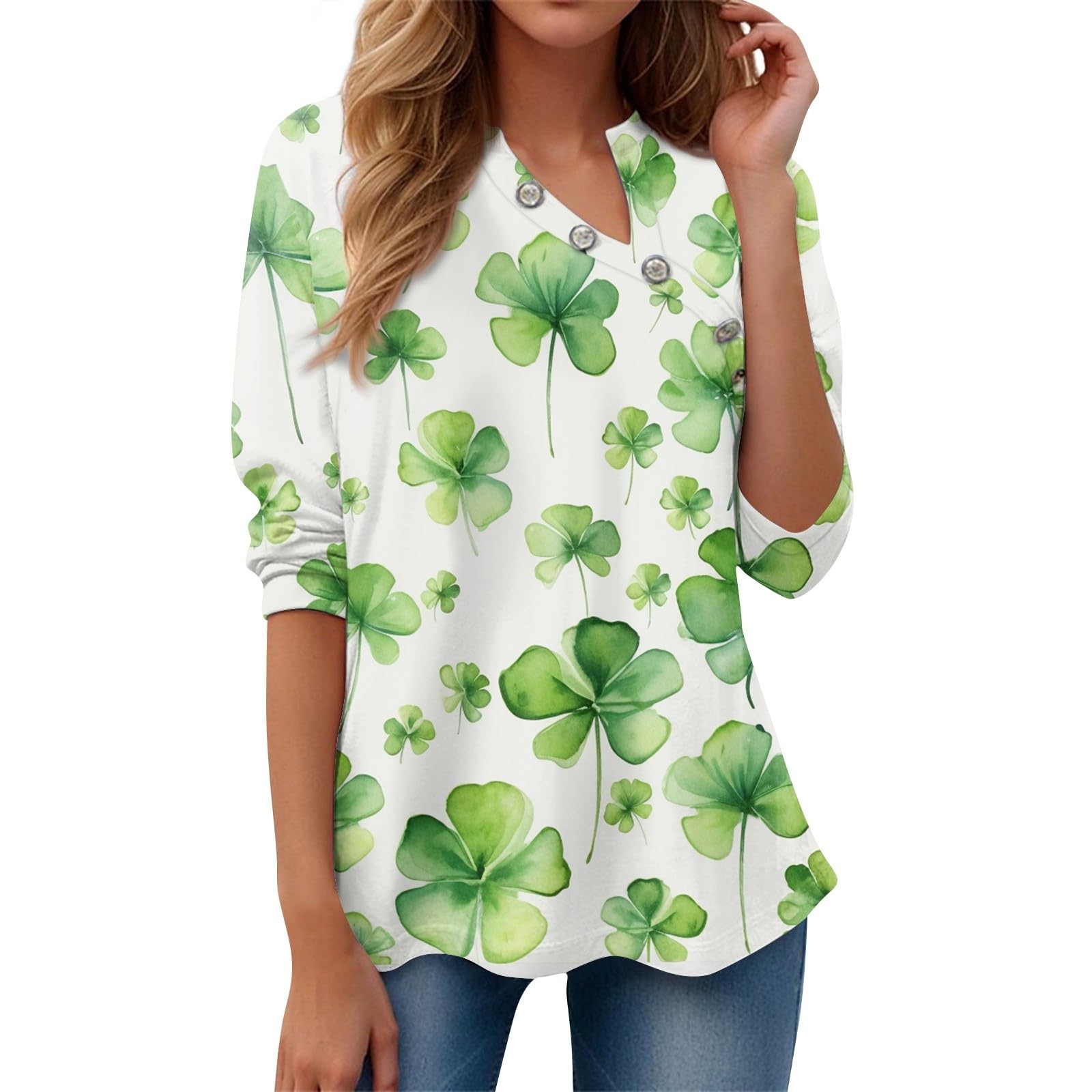 Women's T Shirt Tee Long Sleeve V Neck Pullover Tops St. Patrick's Day Print Button Daily Weekend Fashion Tunic