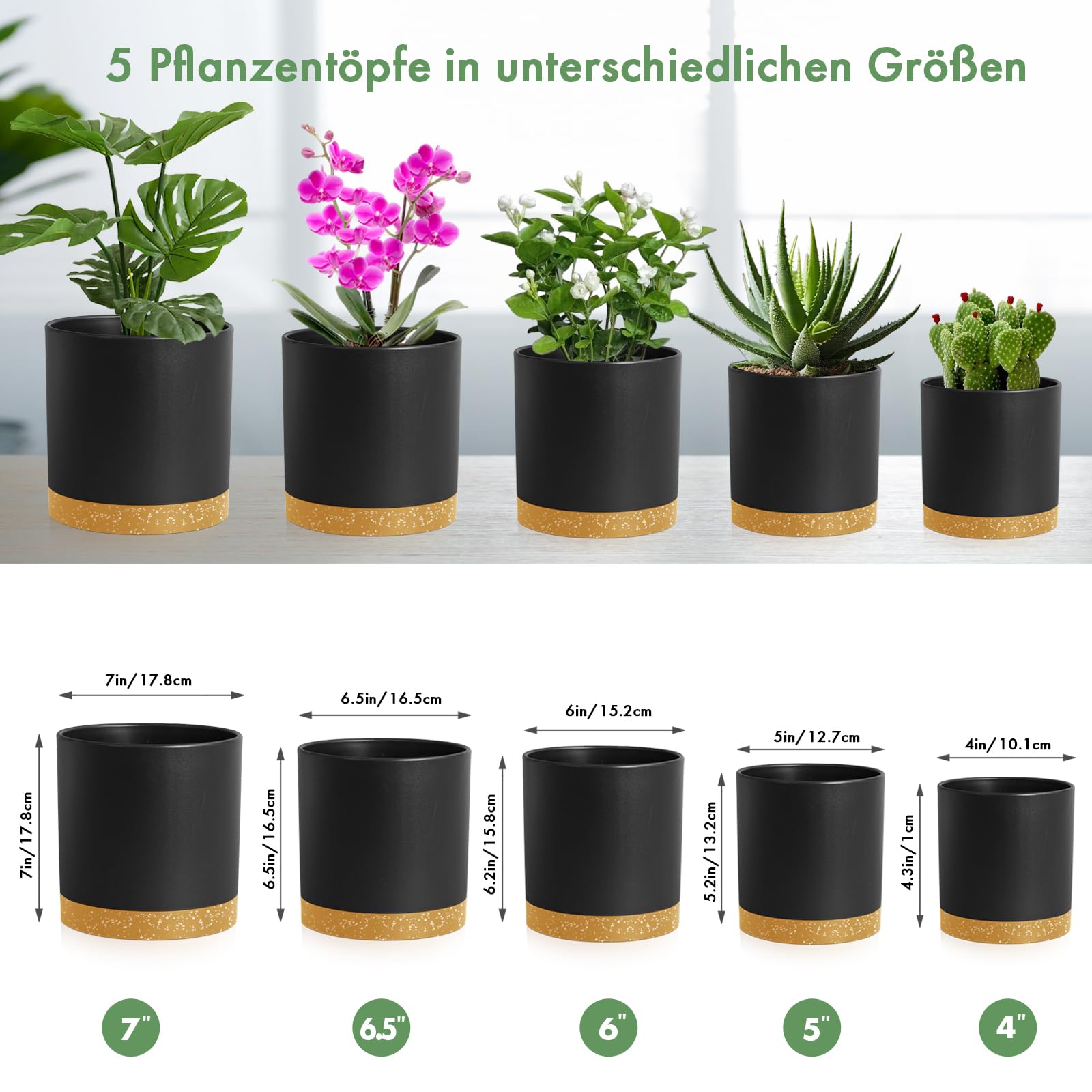 Homeuouz 5 Packs Blumentopf mit Untersetzer, 17.8/15.2/14/12.7/10.2cm Pflanzentopf, Plastik Übertopf, Hydrokultur Topf, Blumentöpfe Set Ideal für Innen und Balkongärten, Schwarz mit braunes Tablett