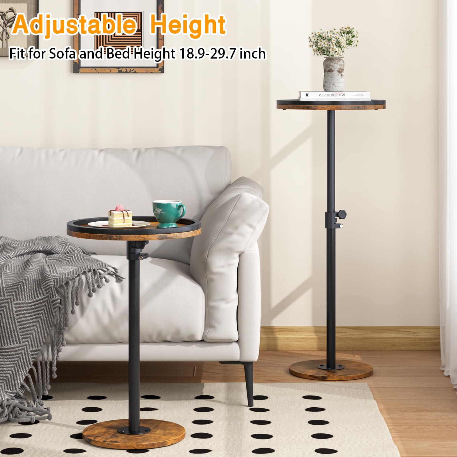 Mesa auxiliar pequeña, mesa de bebidas, mesa auxiliar redonda ajustable en altura, mesa auxiliar de pedestal para espacios pequeños en sala de estar, dormitorio, marrón 2