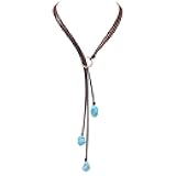 Bohemian Synthetic Turquoise Necklace Handmade Vintage Y-shaped Jewelry with Genuine Flat Brown Leather