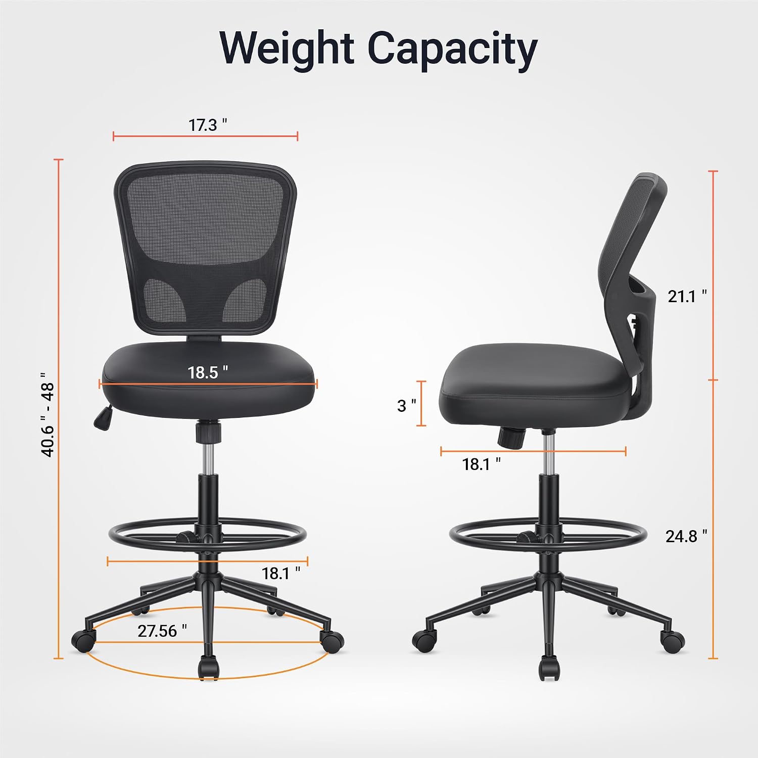 HYLONE Armless Office Chair with Footrest, PU Leather Swivel Desk Chair, Adjustable Height Drafting Chair for Home Office, Mid Back Counter Height Computer Chair