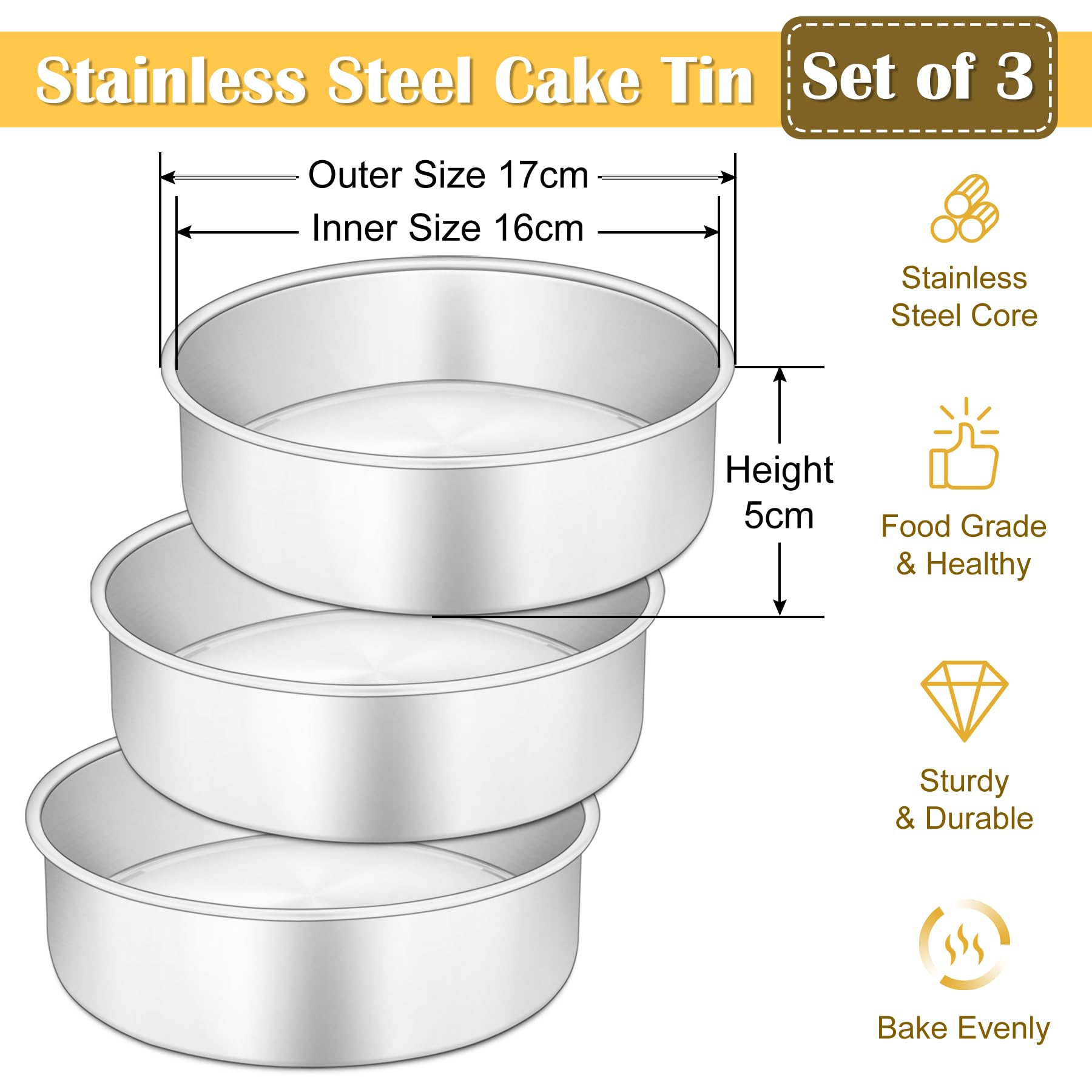 HaWare Set di 3 teglie rotonde in acciaio inox, 15,2 cm, per compleanni e matrimoni, per arrostire, servire, salutari e atossici, lucidati a specchio e lavabili in lavastoviglie (16 cm)