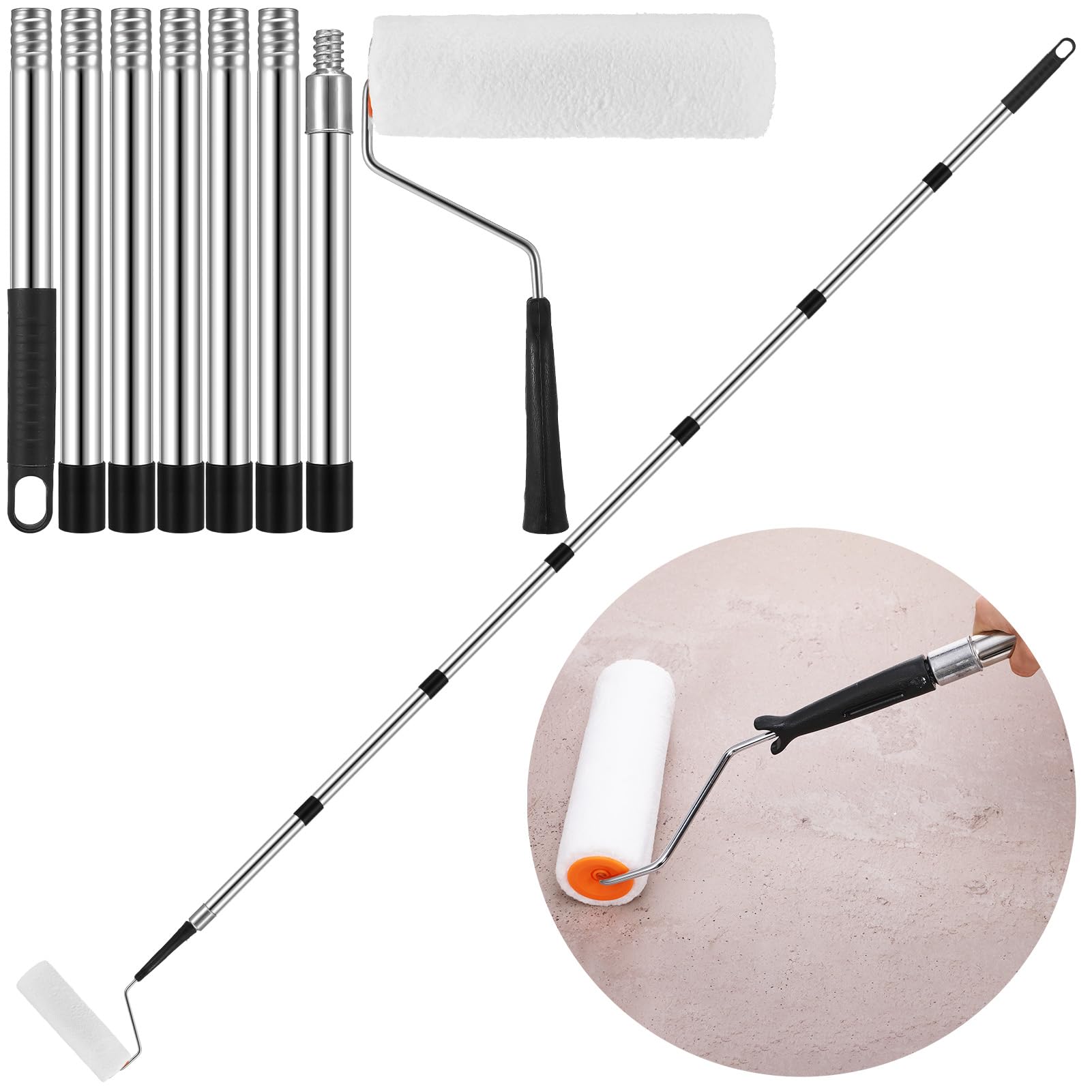 2M+Paint Roller,Paint Rollers with Extended and Removable Handles,Extendable Paint Roller+Thickened Rod Paint Roller Extension Pole, Mural Brush for Walls and Ceiling,Paint Roller Kits