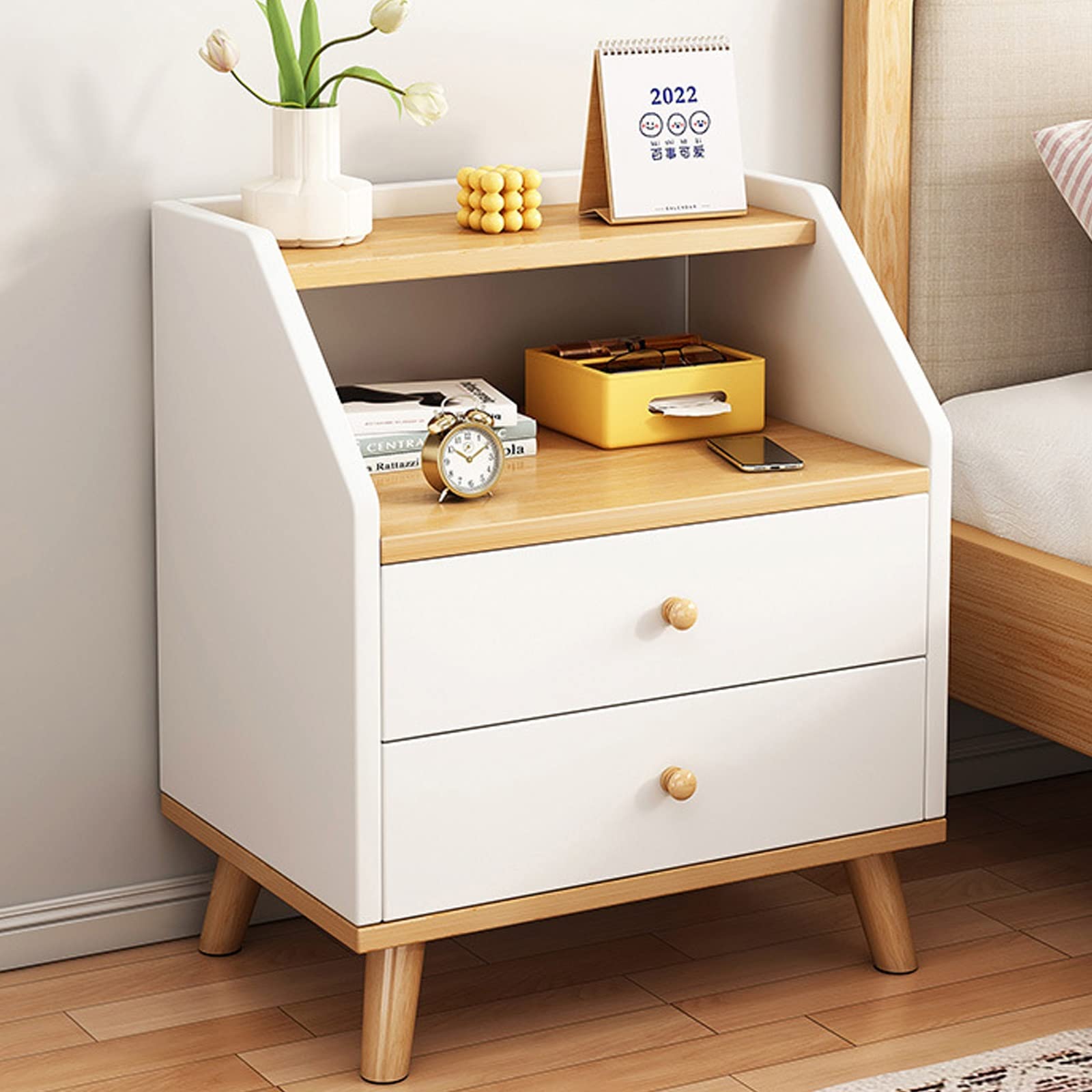 SXZenSpace Mid-Century Modern Nightstand with 2 Drawers and Shelf, Stylish White Bedside Table, Charming Functional Bedroom Furniture (Size: 40 x 30 61 cm)