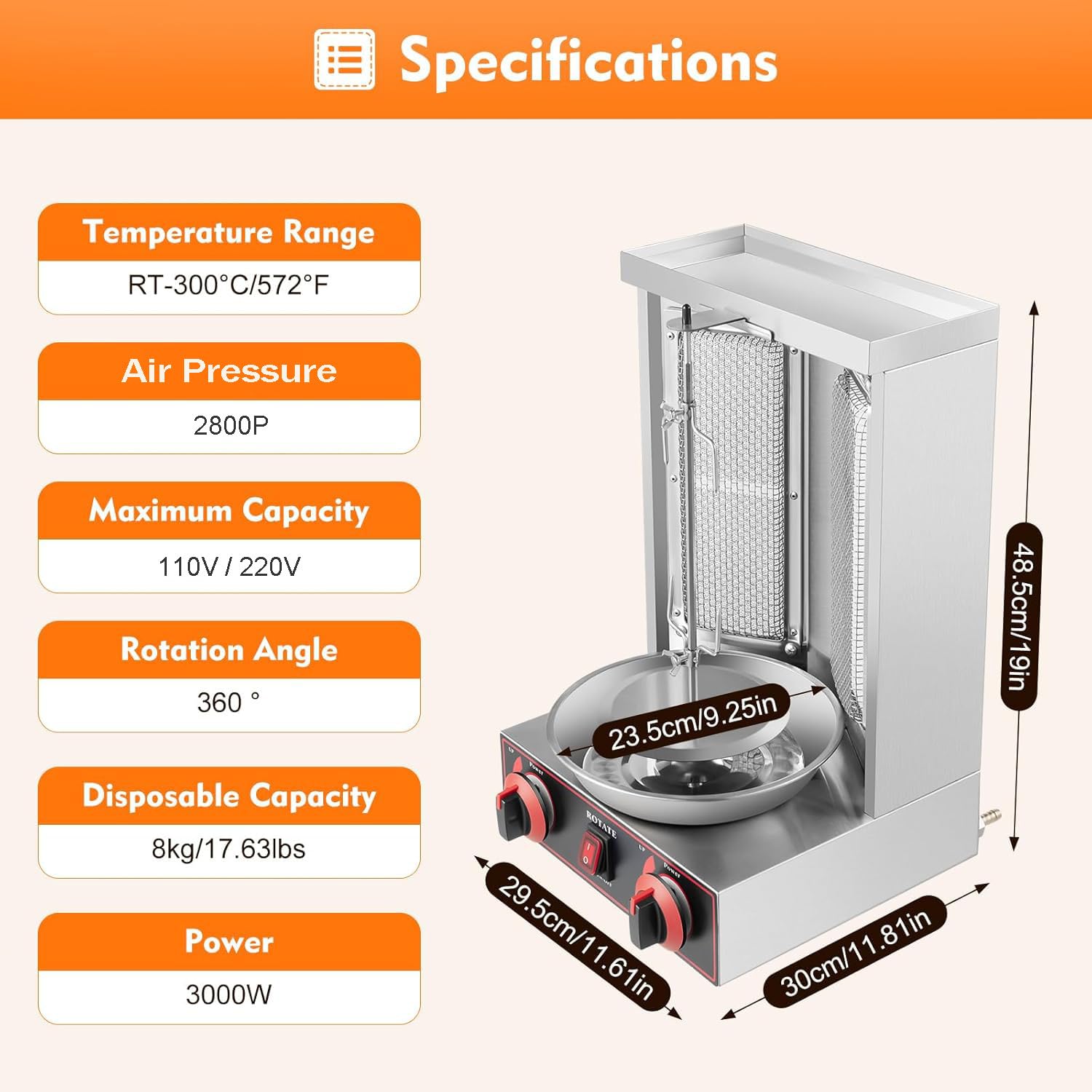 Asador Vertical para Shawarma, Máquina Sharma, Parrilla Giratoria de Gas Propano, Parrilla para Shawarma, Horno Asador, Asador de Pollo Giratorio, Asador de Pollo, Acero Inoxidable,110V