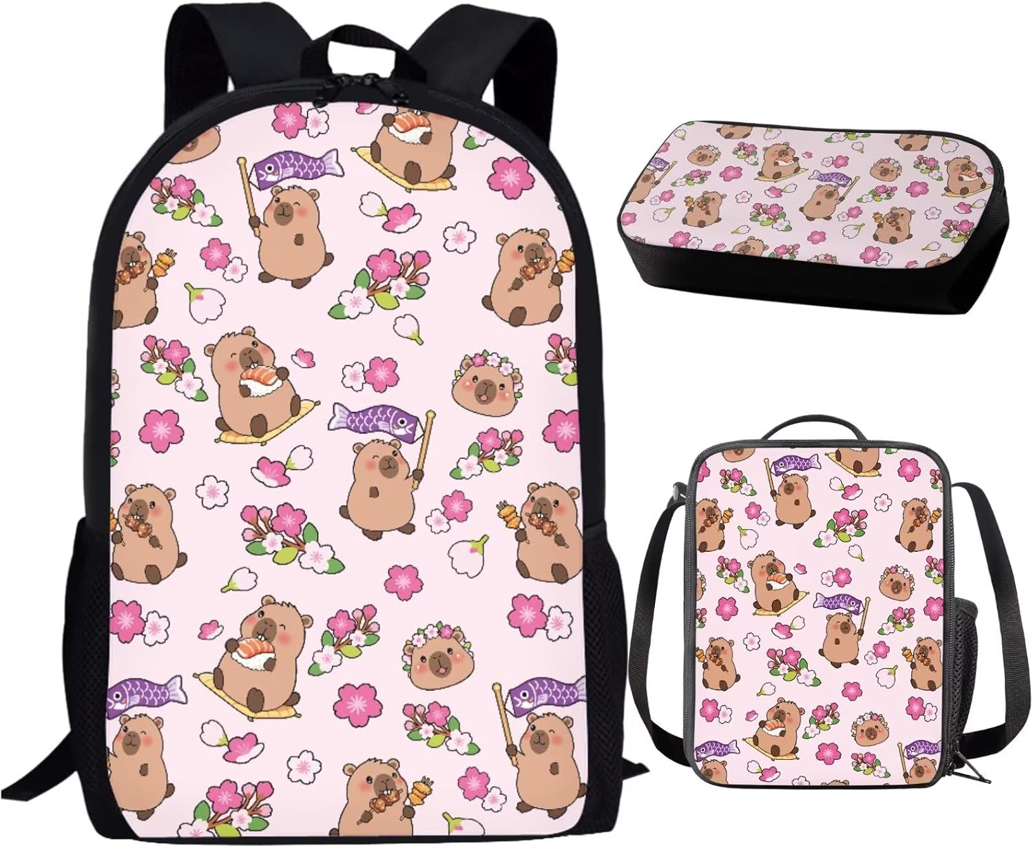 Jeiento Cartoon Floral Capybara School Bag Set Japanese Foods Cartoon School Backpack with Capybara Lunch Box Pencil Case 3 In 1,Lightweight Large Capacity 17Inch Laptop Preschool Bookbag