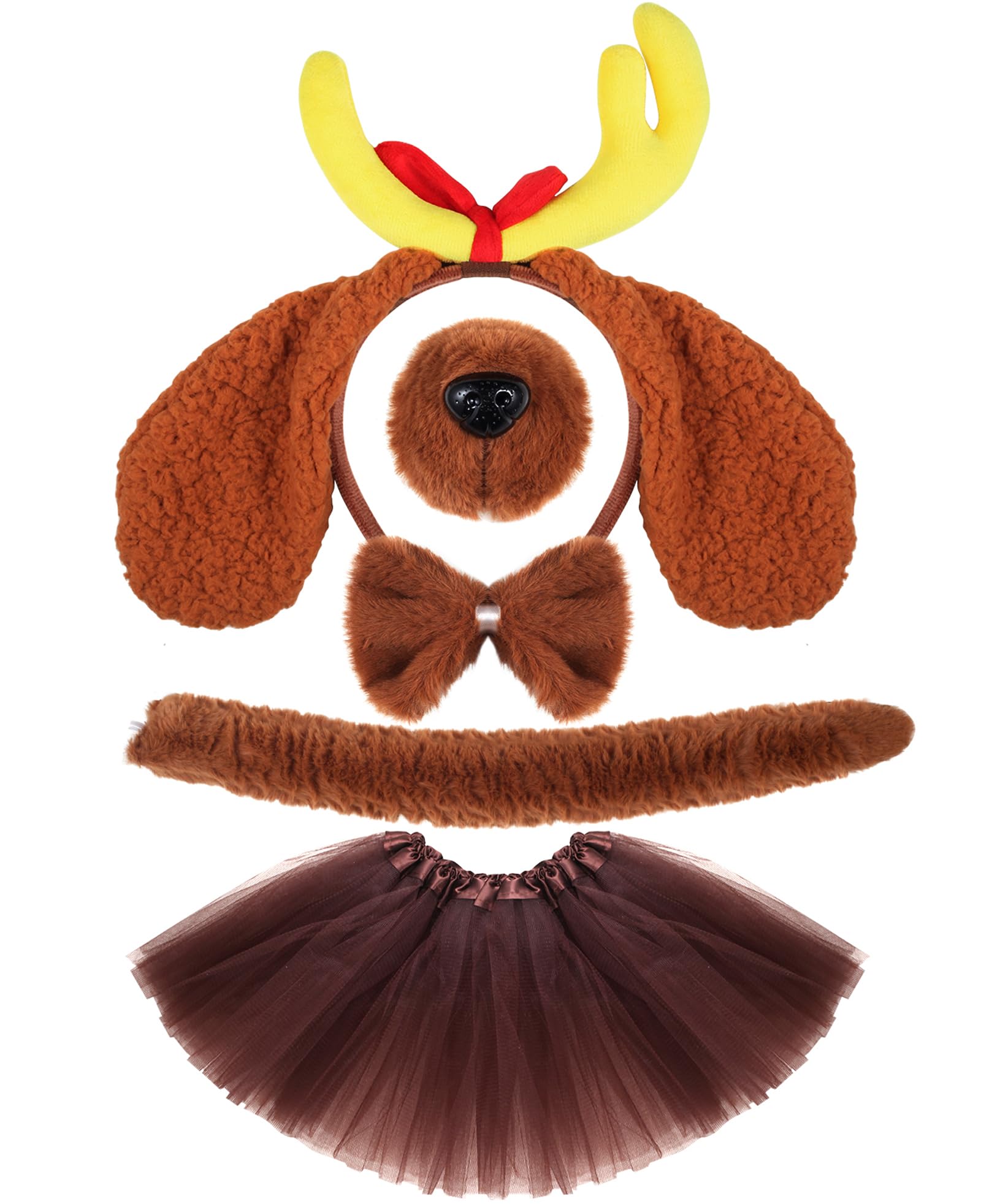 PAJXNJCChristmas Party Favors Deer Antler Headband With Dog Ears, Headband+Nose+Bow Tie+Tail+Skirt - For Women Man Dog - School Party Supplies