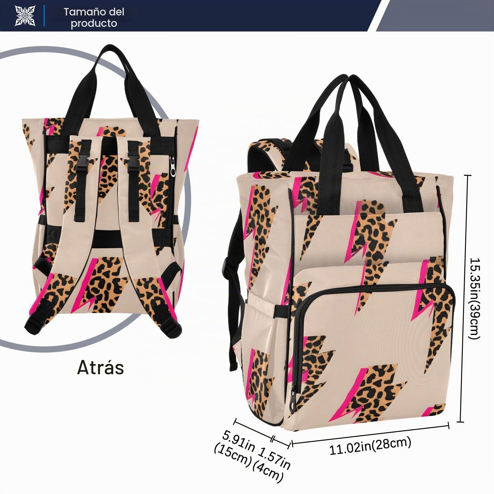 Mochila para pañales de bebé, bolsas de cambio de pañales multifuncionales para bebé con bolsillos aislados - patrón de estampado de leopardo relámpago