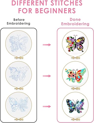 Miniatura 3 de TINDTOP Juego de 3 juegos de práctica de puntadas de bordado, kit de bordado de flores de mariposa para principiantes, incluye aros de tela, hilos