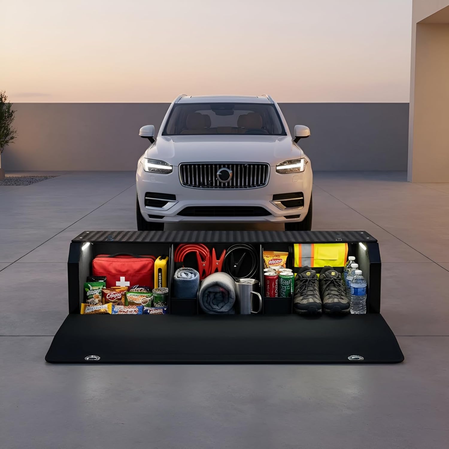 Trunk Organizer SUV with Light for Volvo XC90 (7-Seater) 2015-2026, Sturdy Leather Car Trunk Storage Box with Lid & Push-Pull Handle Powered by 4 AA Batteries (Batteries Not Included)