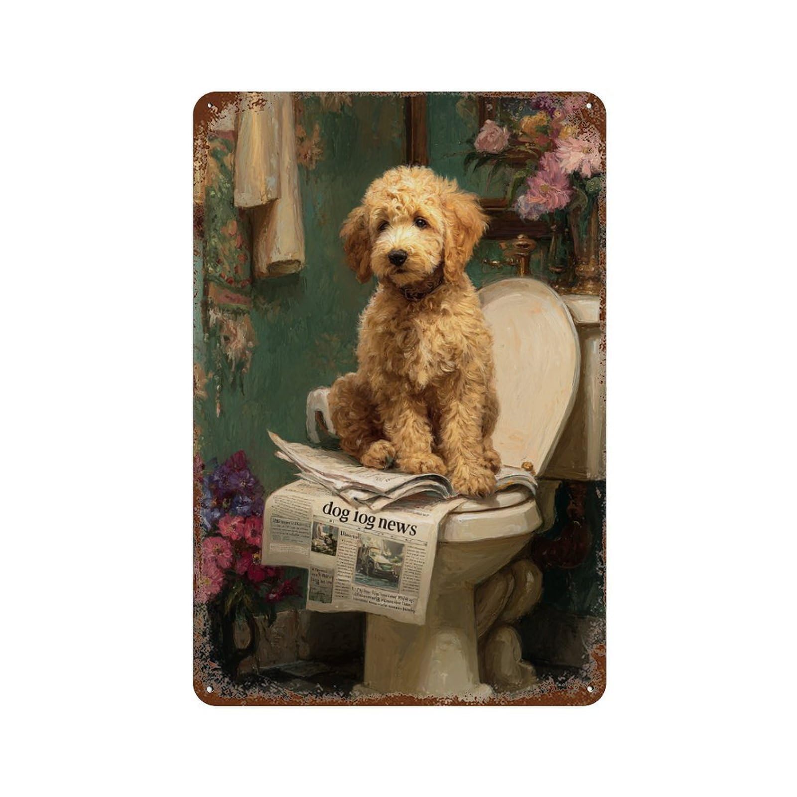 Golden Retriever Reading Newspaper on Toilet -1 Rust Effect Tin Sign 11.8"x7.9", Rustic Home Decor for Garage, Bar And Workshop Decor