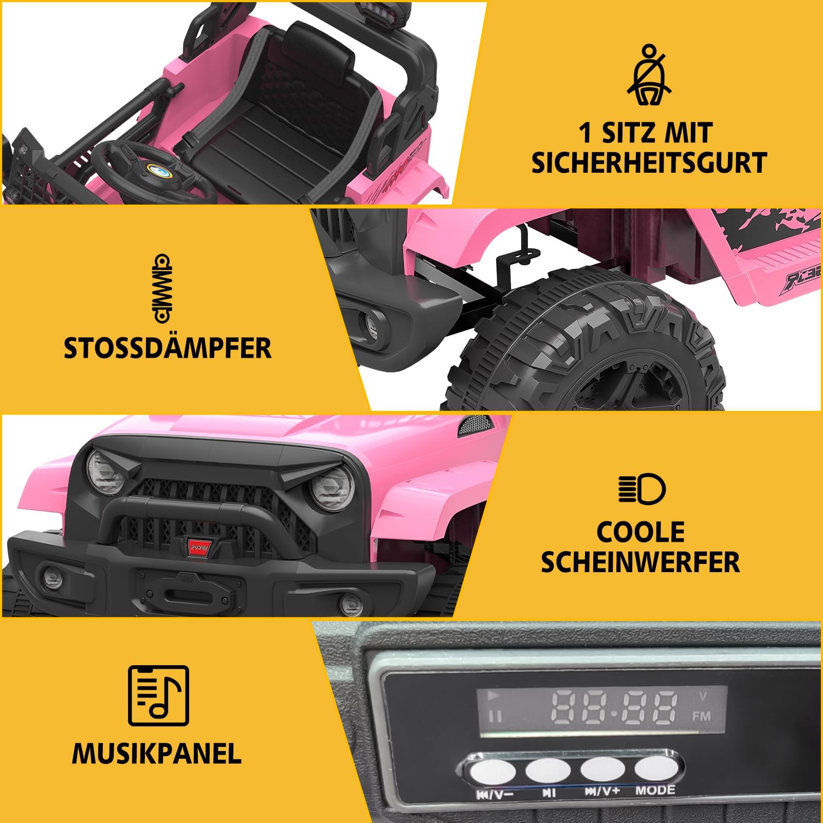 Coche Eléctrico para Niños con Mando a Distancia, Vehículo Eléctrico 12V con Velocidad 2-4 Km/h, Claxon, Reproductor MP3, Luces LED y Música, Soporte 28 kg, Todo Terreno para Niños 3+ Años