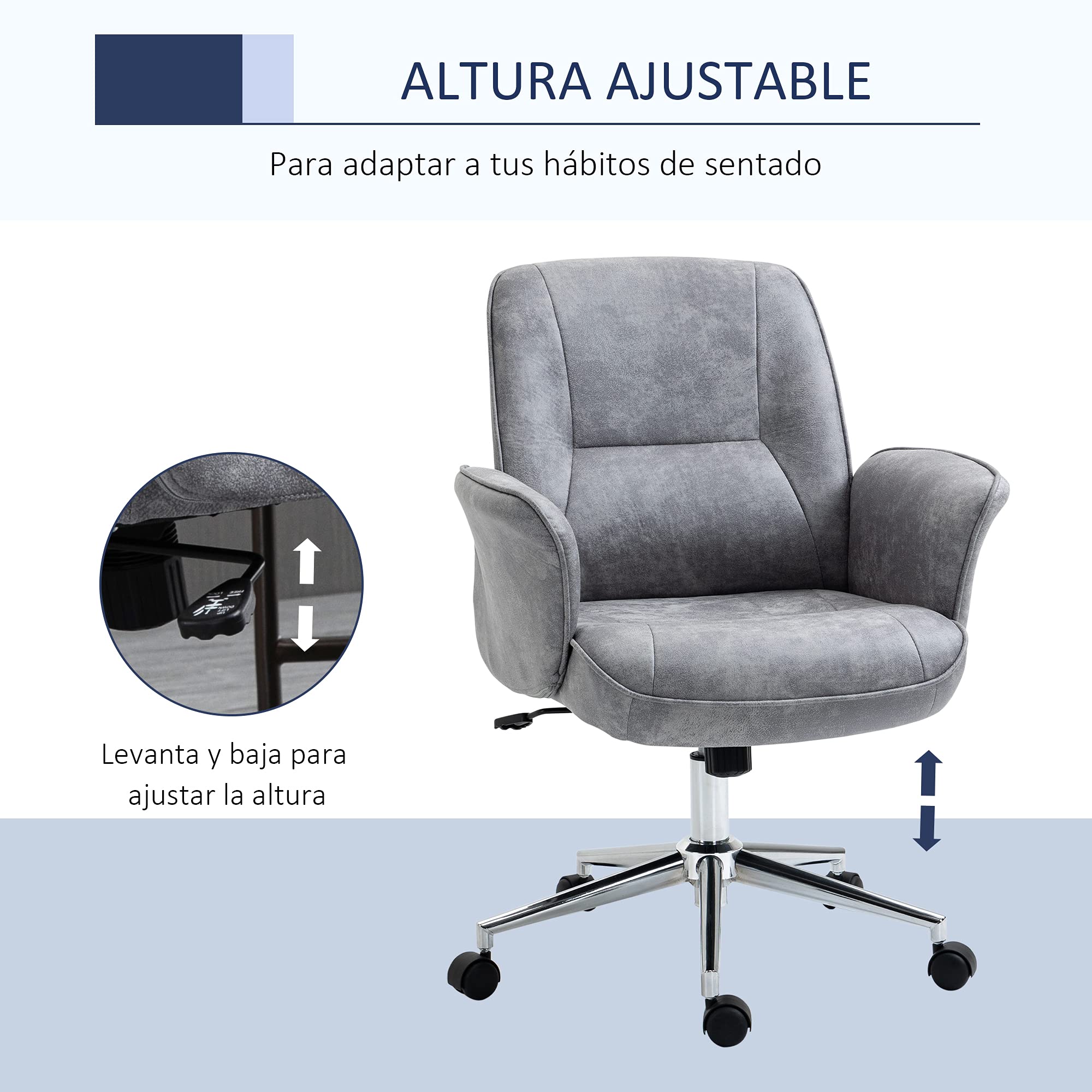 Vinsetto Silla de Escritorio Basculante Giratoria 67x69x92-102 cm Gris | Silla de Oficina, Tapizado en Microfibra, Altura Ajustable, con Reposabrazos, Respaldo Asiento Acolchado