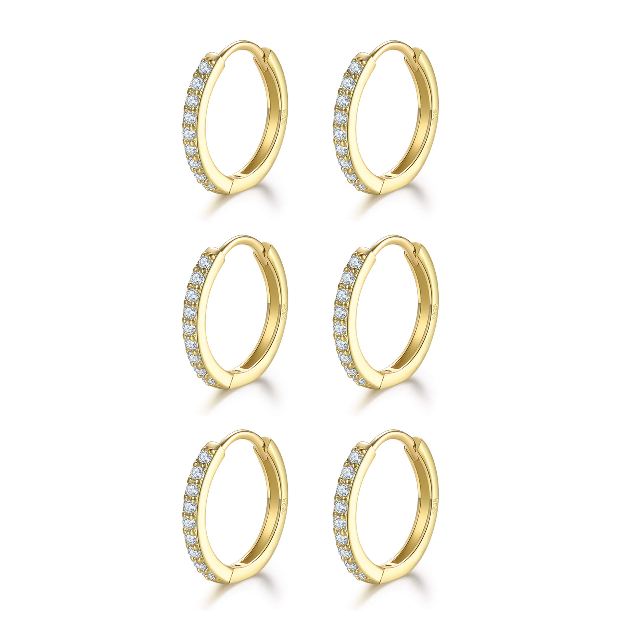 3 Pairs Sterling Silver Small Hoop Earrings Tiny Cartilage Earring Cubic Zirconia Cuff Huggie Earrings Mini Hoops Earrings Piercing for Women Girls