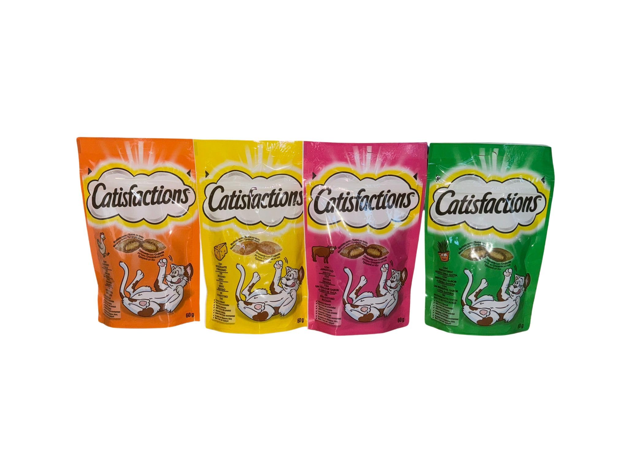 Snack pour chats adultes et chiots Catisfactions | 12 sachets de 60 grammes par goût assortis.