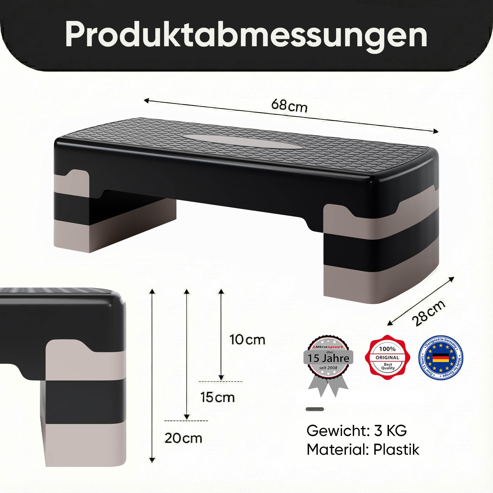 Ultrasport Aerobic Steppbrett I Step Up Board Rutschfest, 3-fach Höhenverstellbar I Fitness Stepper für Zuhause, Stepboard, Stepbench Brett 68 x 28 cm, Grau