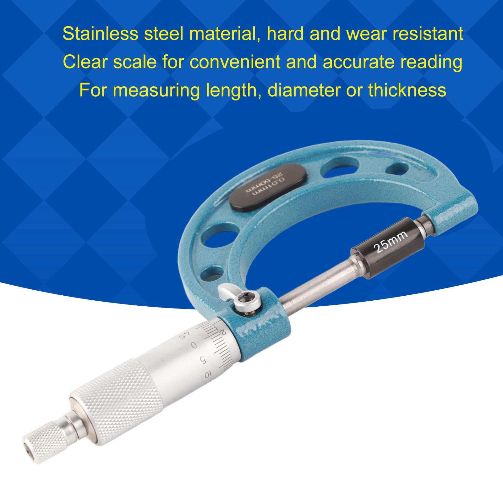 Ejoyous Außenmikrometer Edelstahl Hohe Genauigkeit Bügelmessschraube Dickenmessgerät mit Schlüssel 0,01mm Externes Mikrometer Werkzeug für präzises Messen von Materialstärken (25-50mm)