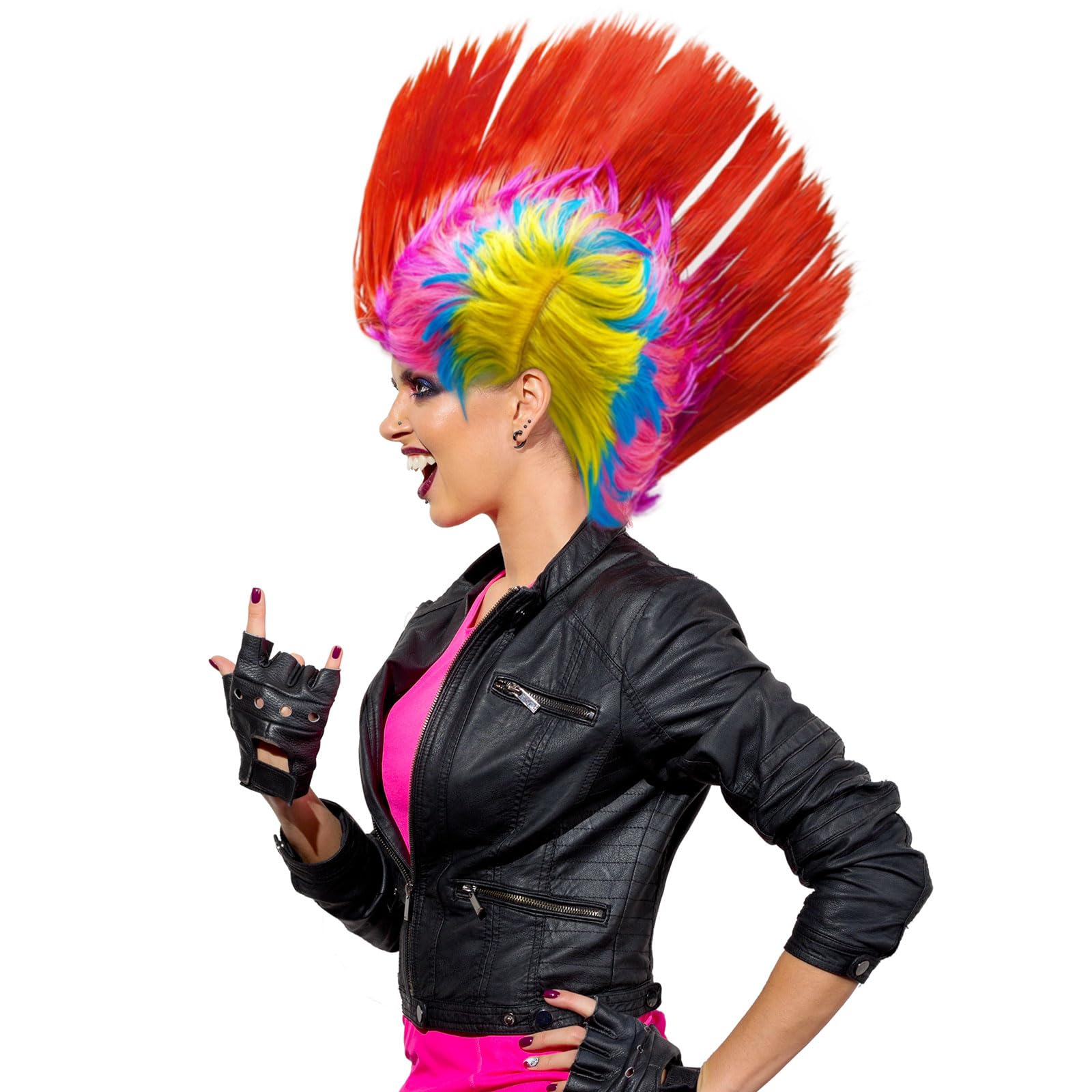 UILYNIU 80s Street Punk Wig Heavy Metal Disco Wig Dress Up Wigs Rock Star Hard Rocker Multi-Coloured Costume Rocker Fancy Dress Accessories Halloween Fancy Costume(Red)