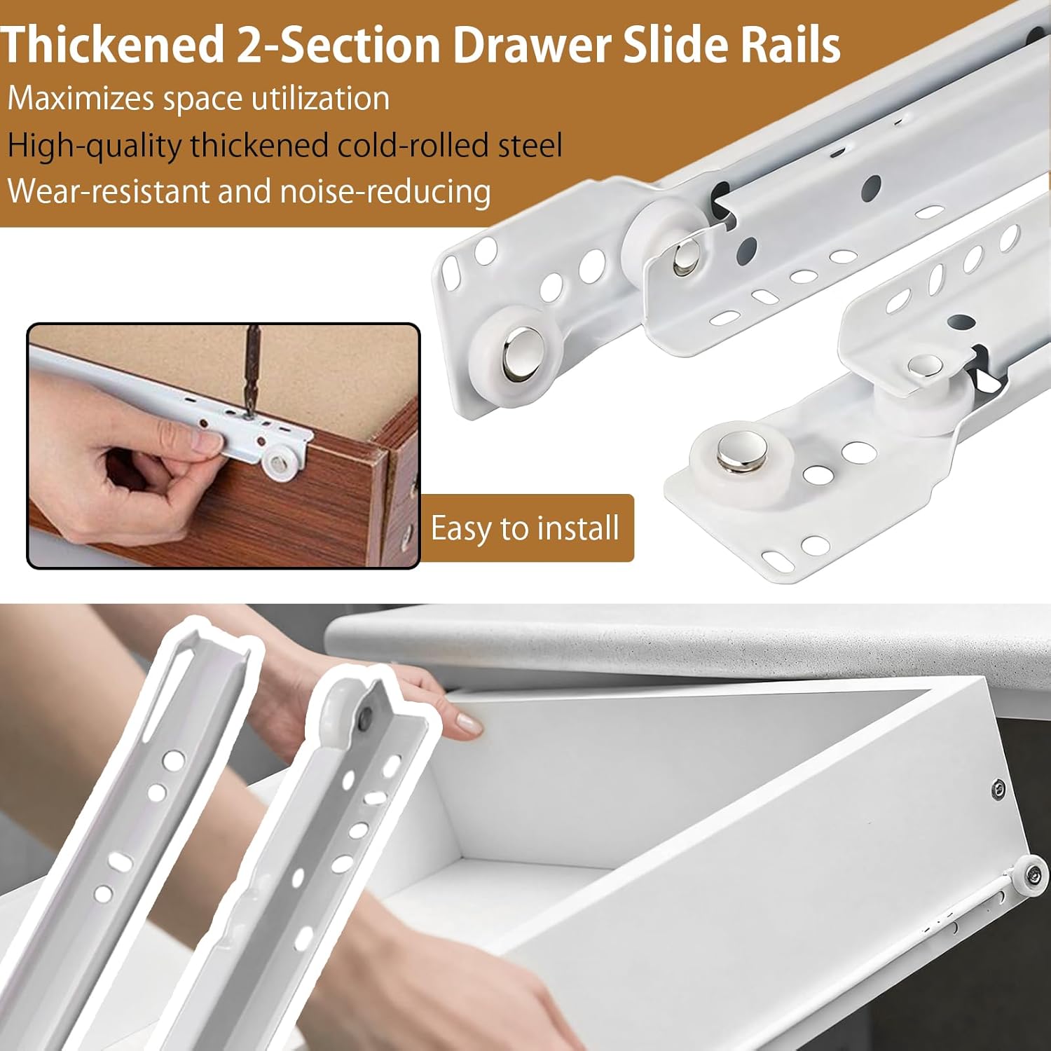 22 Inch Soft Close Drawer Slides, 1 Pair Heavy Duty Side/Bottom Mount Drawer Glides for Cabinet, Dresser Drawers Replacement, White