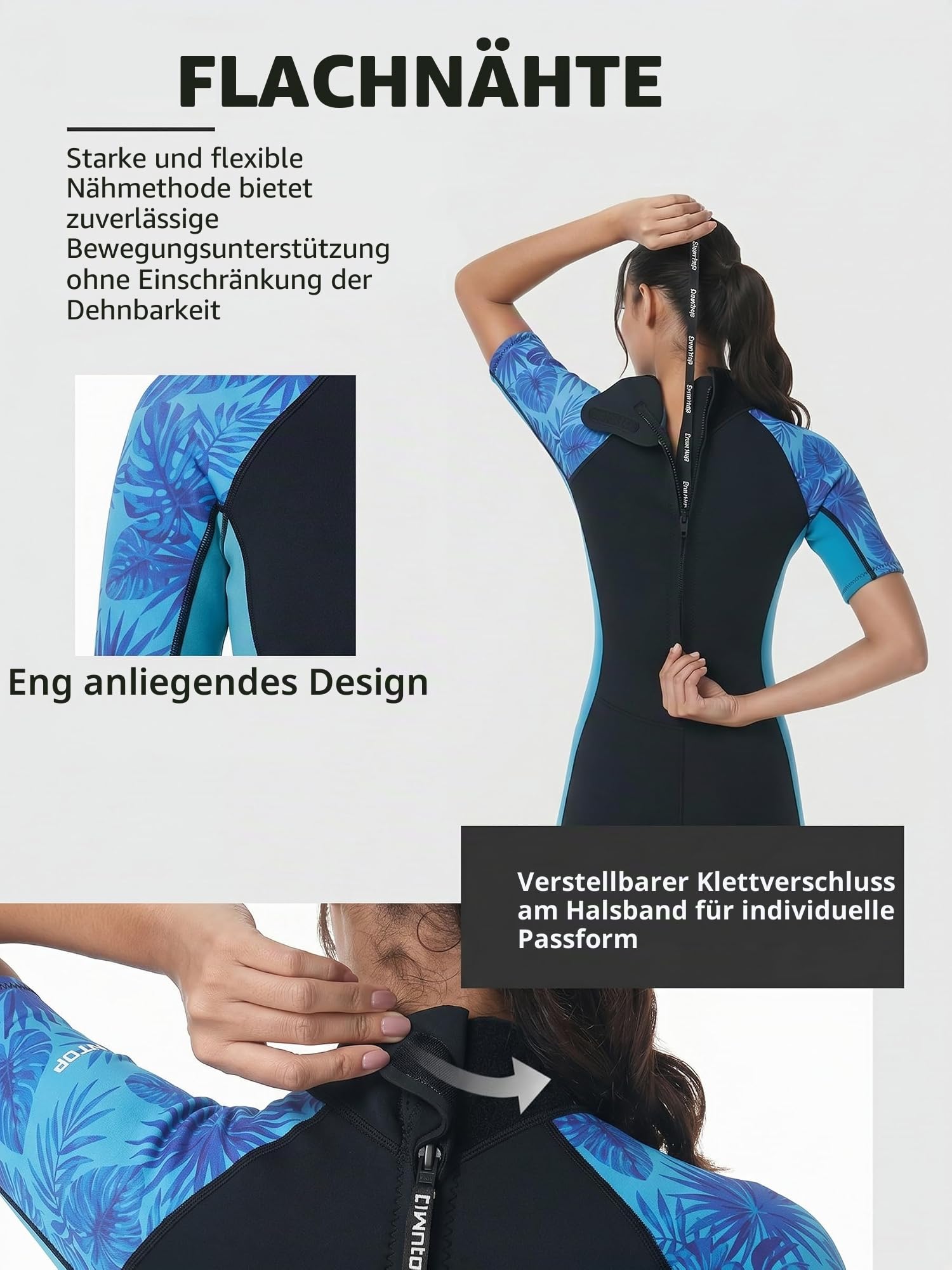 Owntop Neoprenanzug Damen Kurz | 2mm | Neopren Shorty Damen mit Rückenreißverschluss - Figurbetonter Surfanzug für Schnorcheln Surfen & Tropen Urlaub, Blau Blatt L