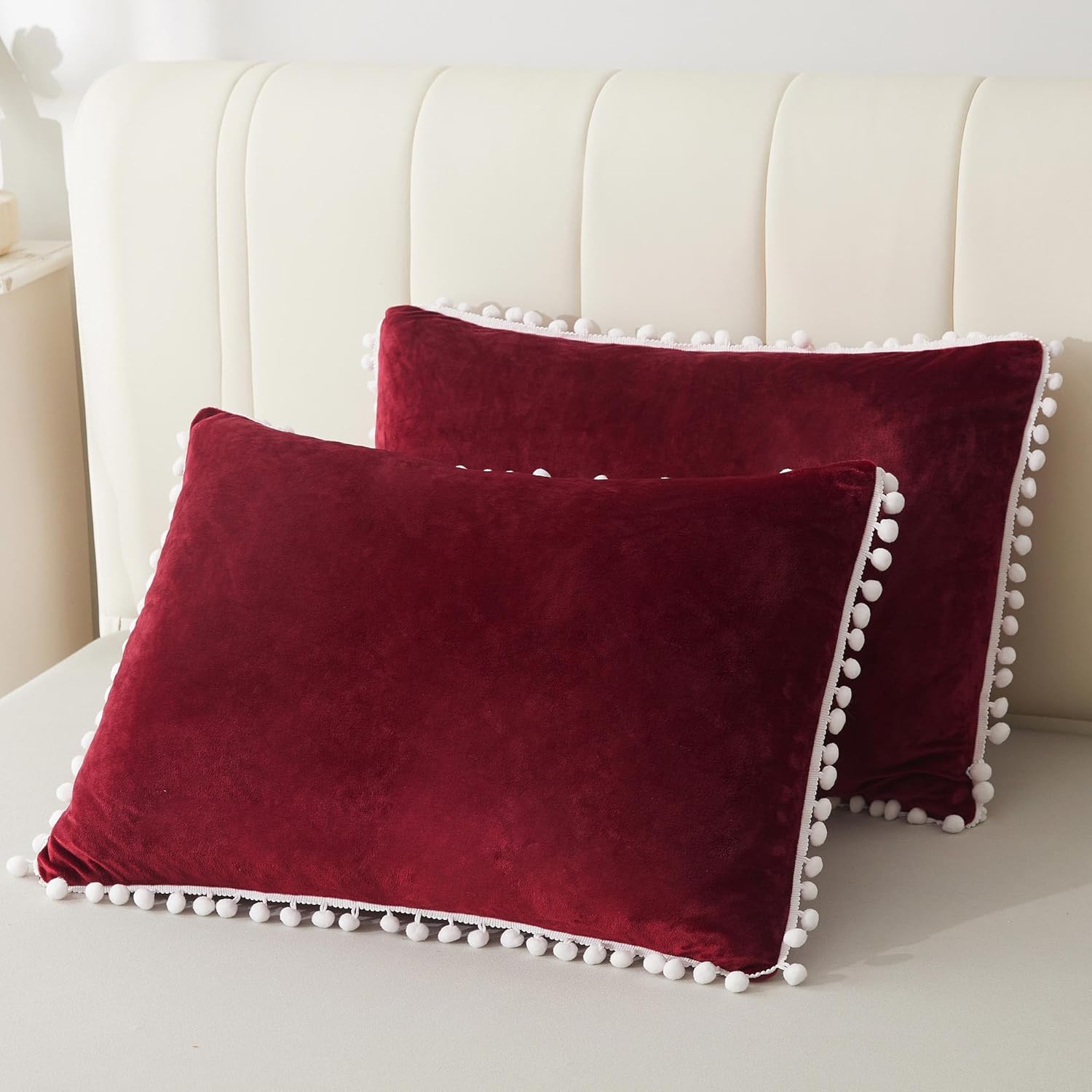 LIFEREVO 2 Pack Pompoms Cozy Velvet Bed Pillowcases