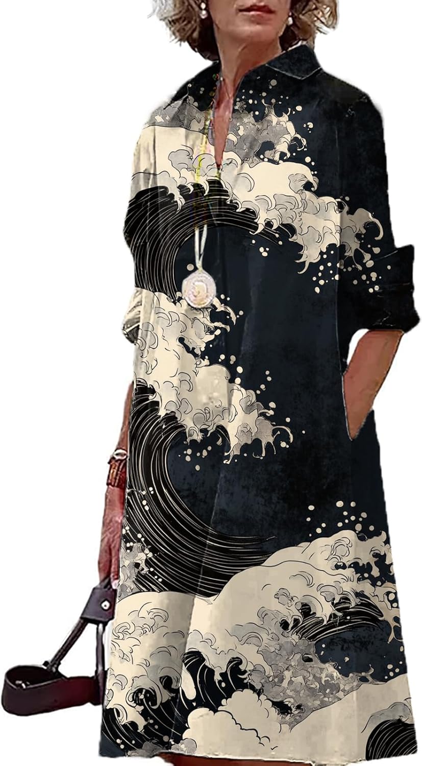 Button Down Shirt Dress for Women Floral Long Sleeve Collared A Line 2025 Summer Fashion Trendy Casual Midi Dress